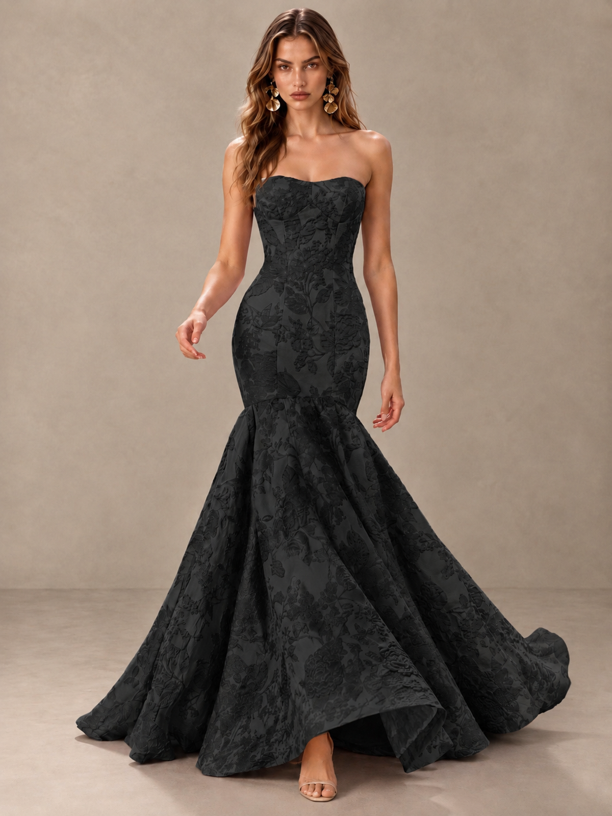 BOLODOO Black Floral Strapless Mermaid Prom Dress with Train - Black - Black_3