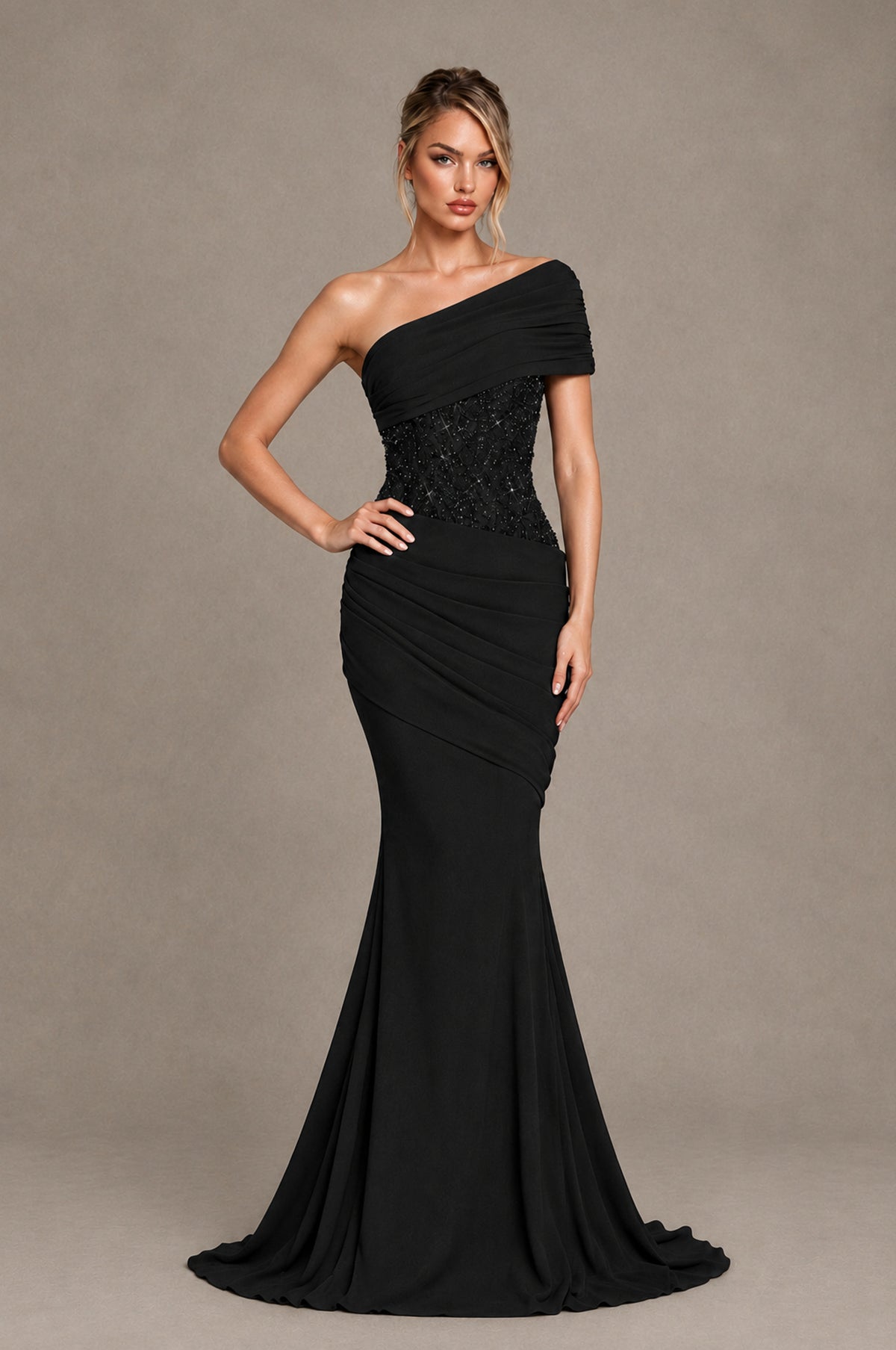 BOLODOO Black One-Shoulder Sequin Embroidered Ruched Mermaid Gown with Train - Black - Black_3