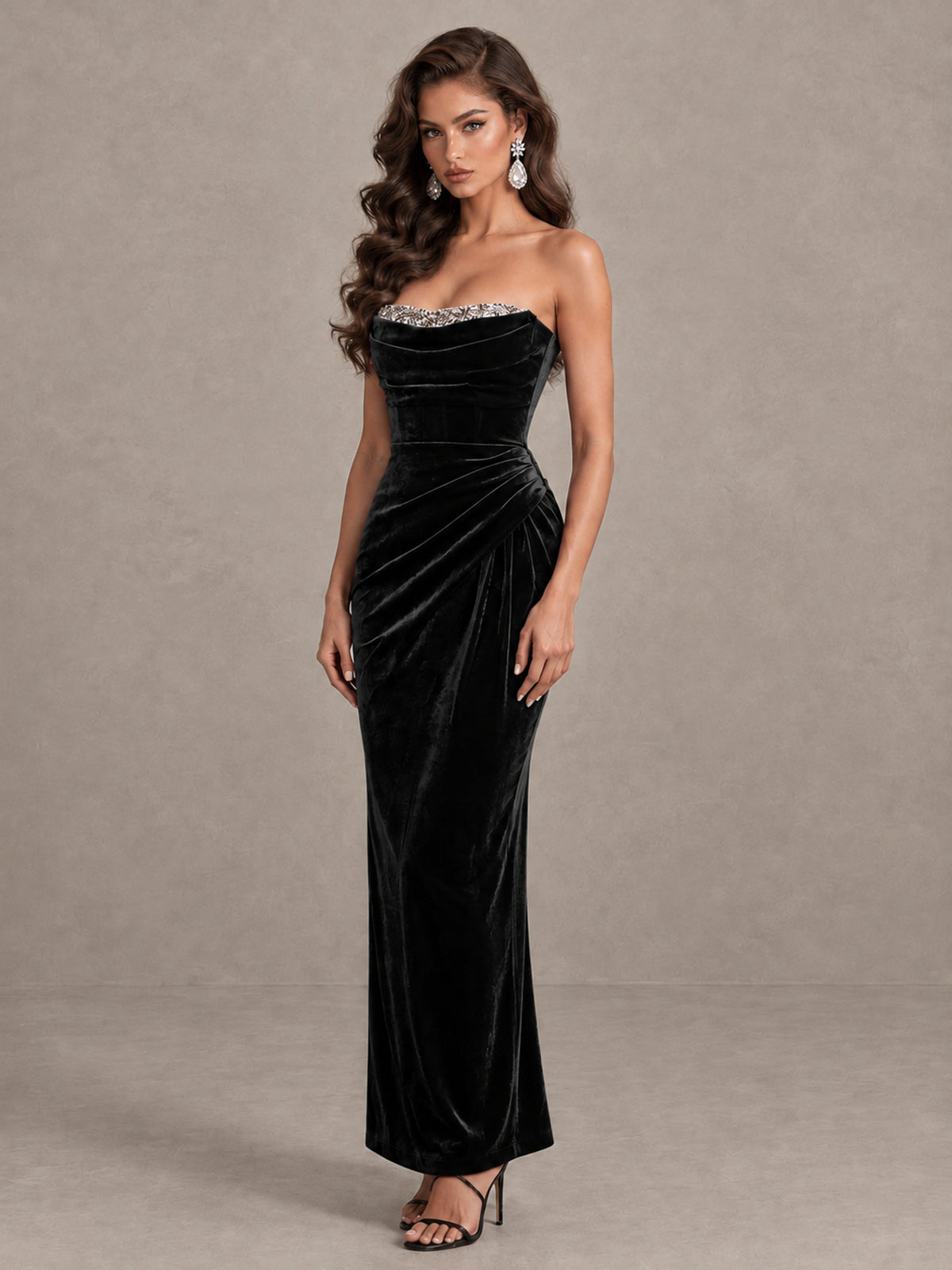 BOLODOO Black Strapless Velvet Cocktail Maxi Dress - Black - Black_3