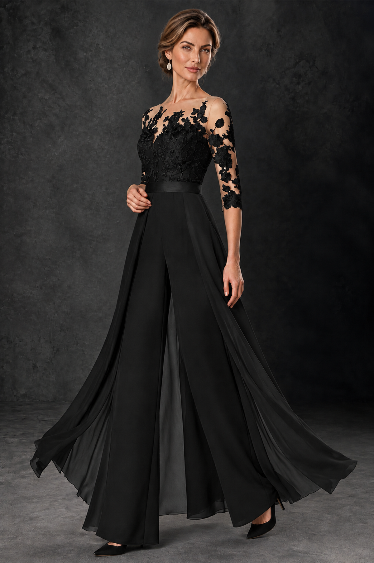 BOLODOO Black Lace Wide-Leg Jumpsuit with Three-Quarter Sleeves - Black - Black_3