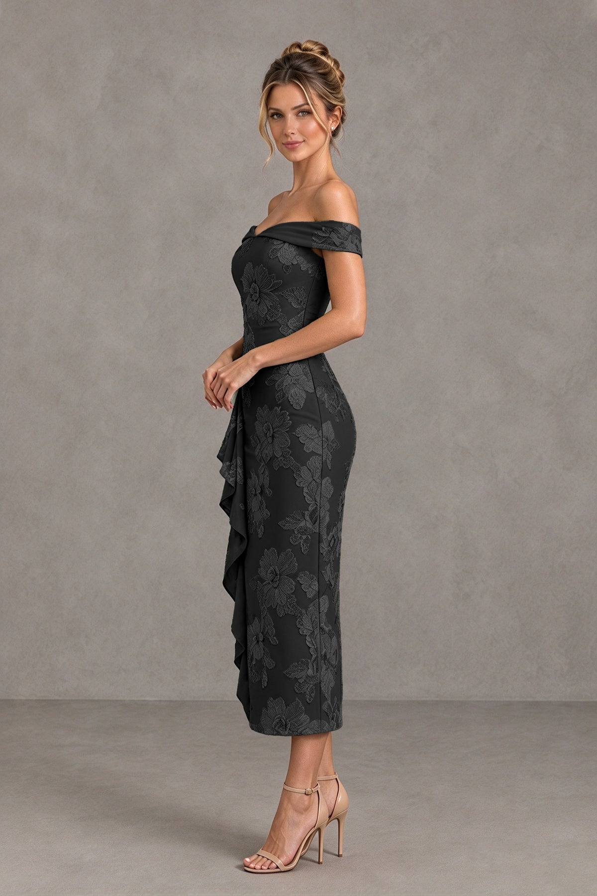 BOLODOO Black Off Shoulder Floral Jacquard Midi Dress - Black - Black(3)
