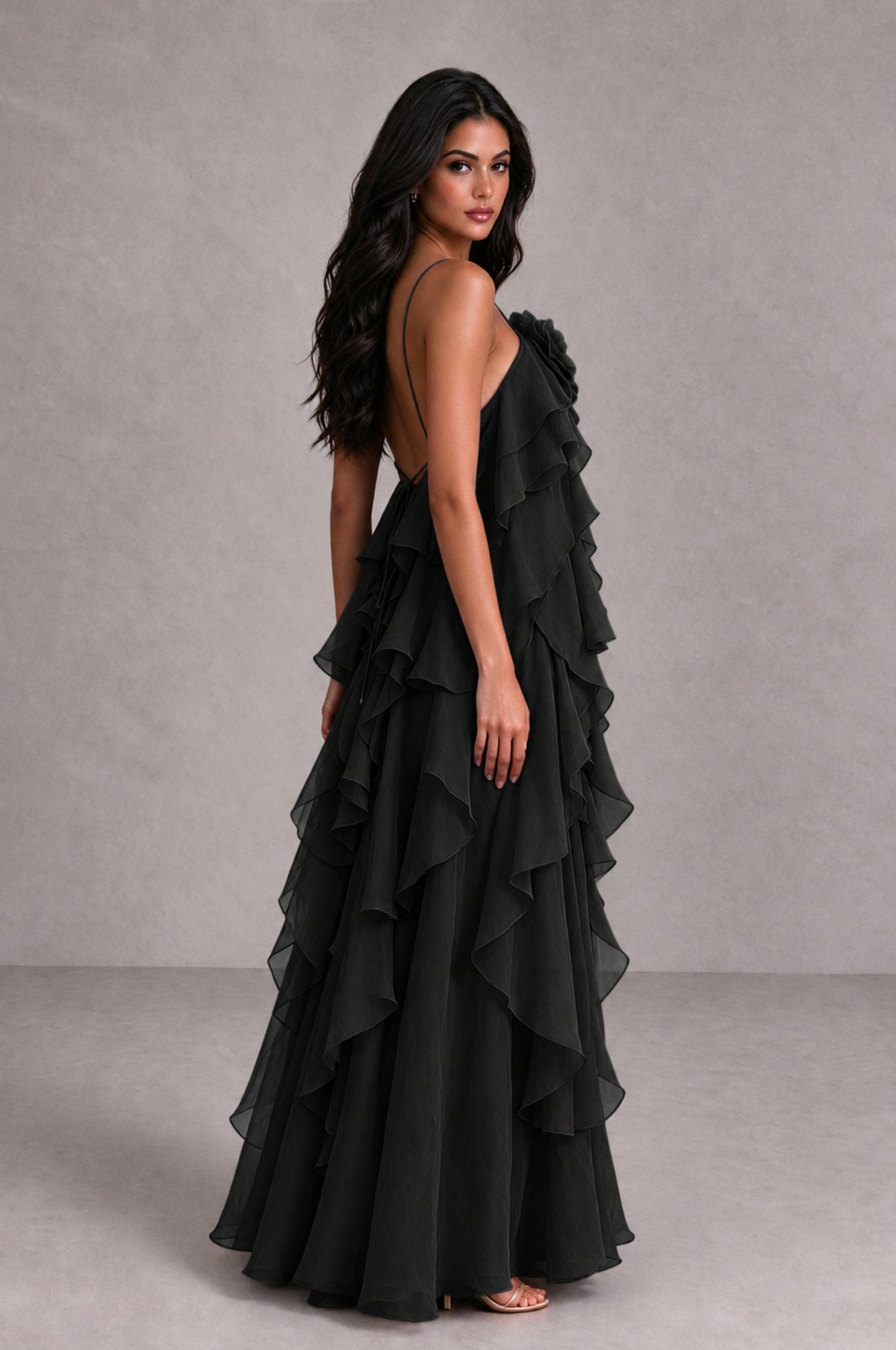 BOLODOO Black Cascading Ruffle Rosette Open-Back Maxi Dress - Black - Black_3