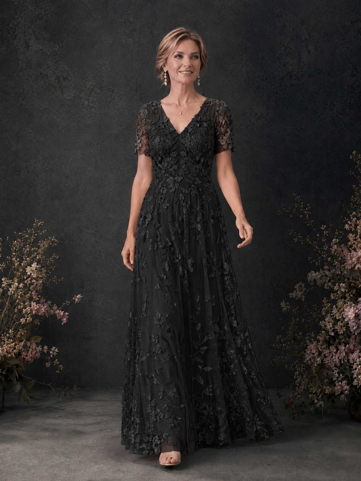 BOLODOO Black 3D Floral Embroidered Lace V-Neck Short Sleeve A-Line Maxi Dress - Black