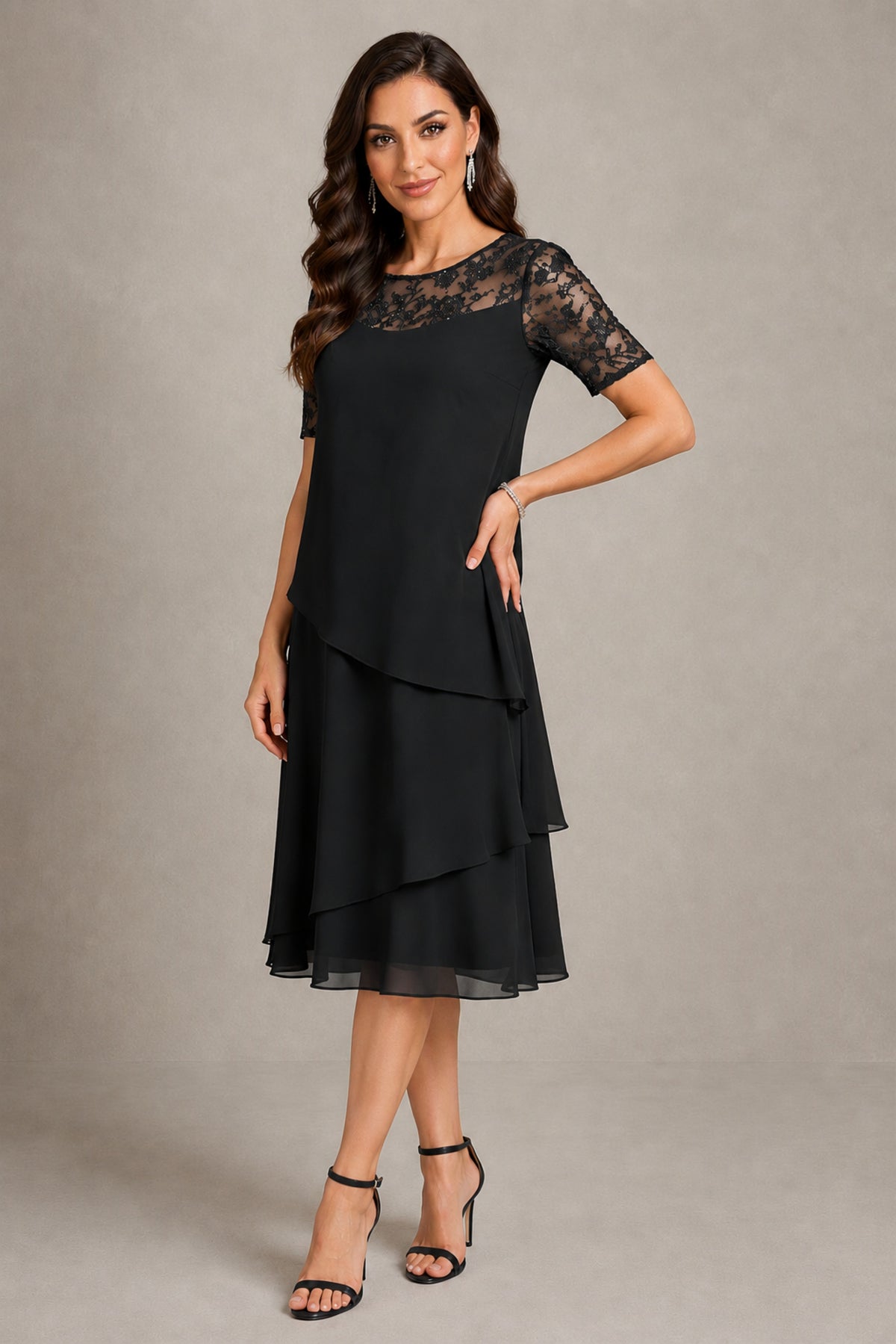 BOLODOO Black Illusion Lace Short Sleeve Tiered Chiffon Tea Length Dress | Mother of the Bride Midi Dress - Black