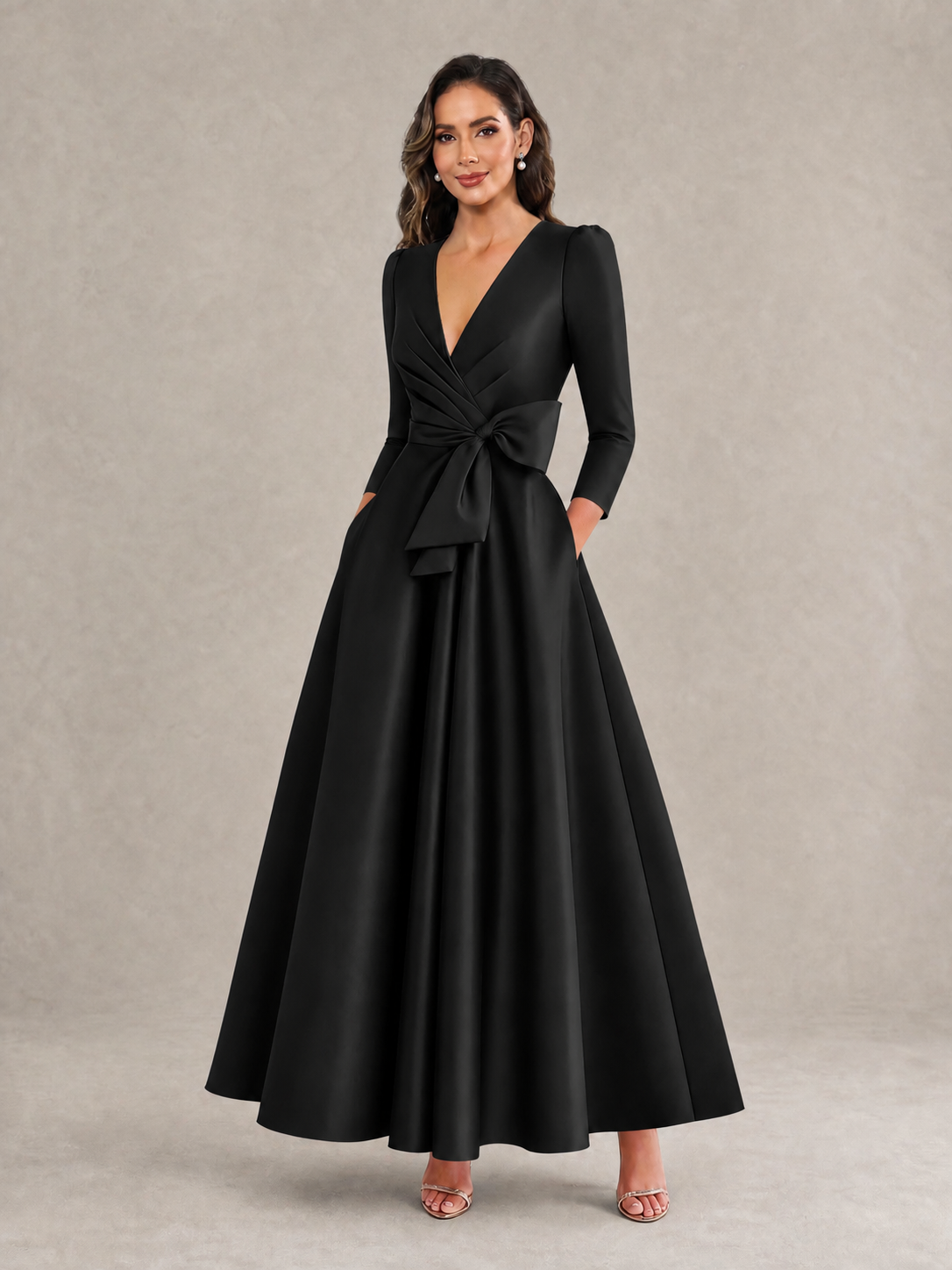 BOLODOO Black Satin Deep V-Neck Wrap 3/4 Puff Sleeve A-Line Ball Gown Maxi Dress with Oversized Bow Belt - Black