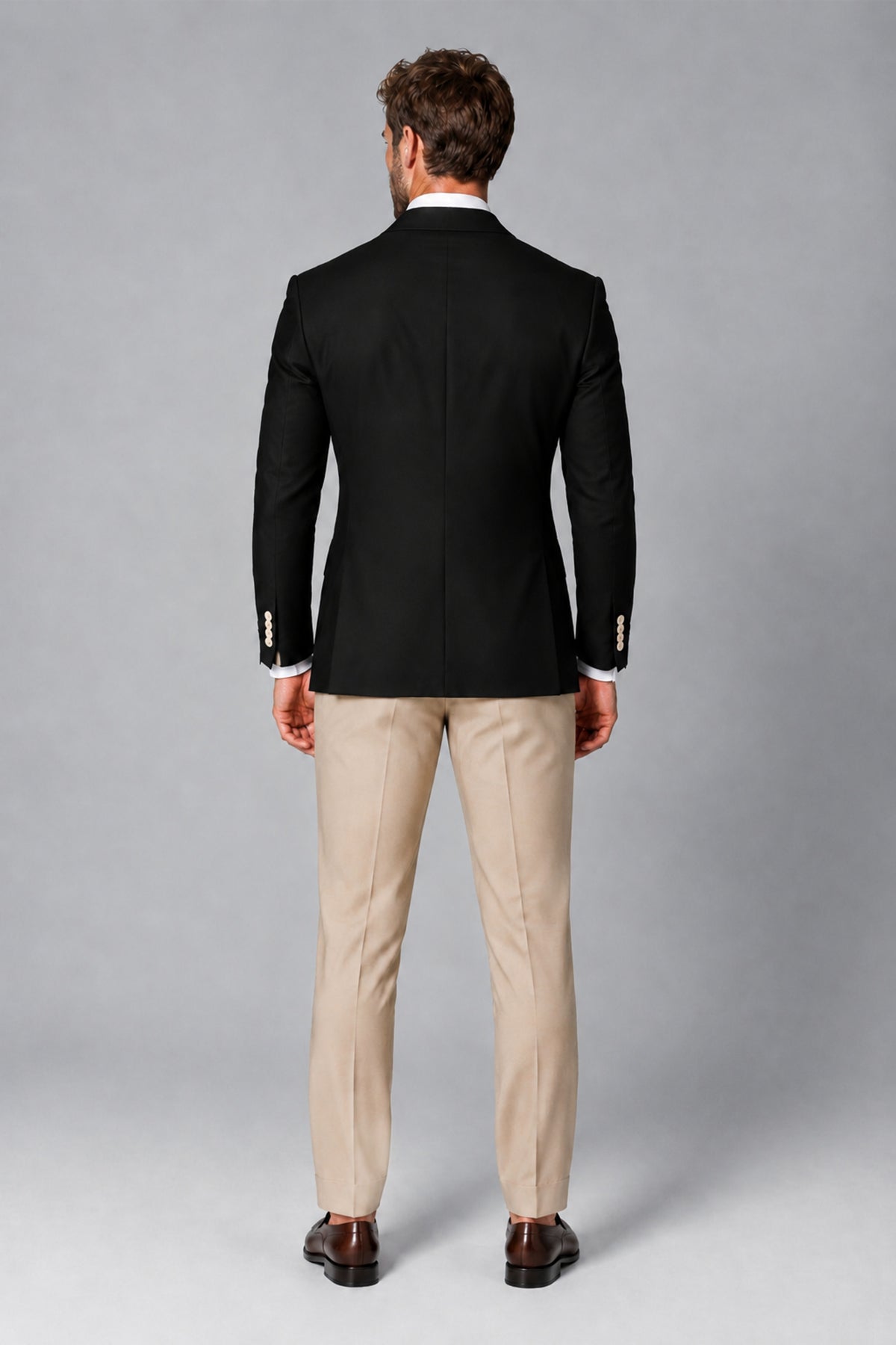 BOLODOO Men's Black Double-Breasted Blazer & Khaki Trousers Tuxedo 2-Piece Suit Set - Black - Black_3