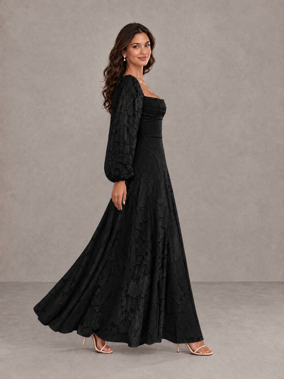 BOLODOO Black Floral Long Sleeve A-Line Bridesmaid Dress - Black - Black_3