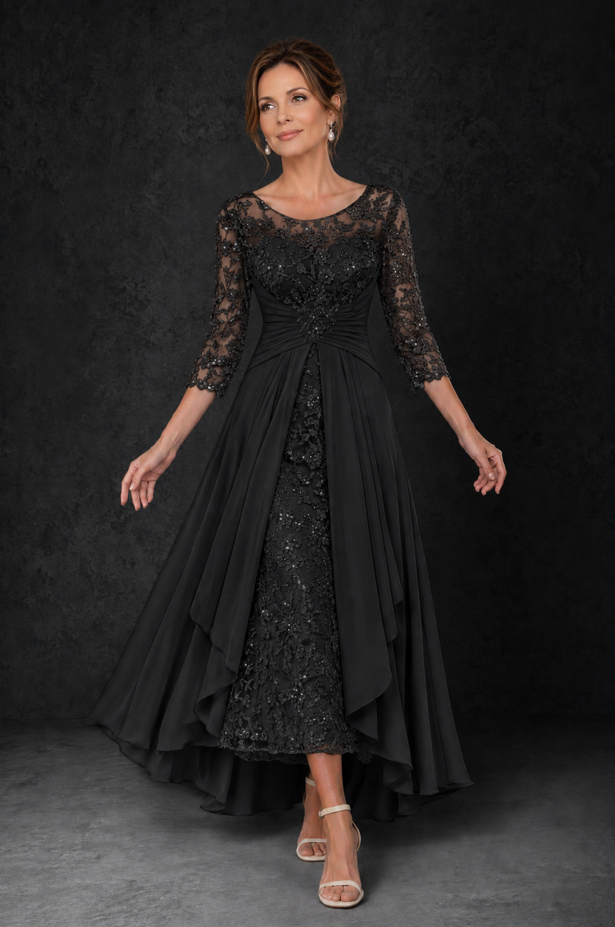 BOLODOO Black Sequin Lace & Chiffon Tea-Length Mother of the Bride Dress with 3/4 Sleeves - Black