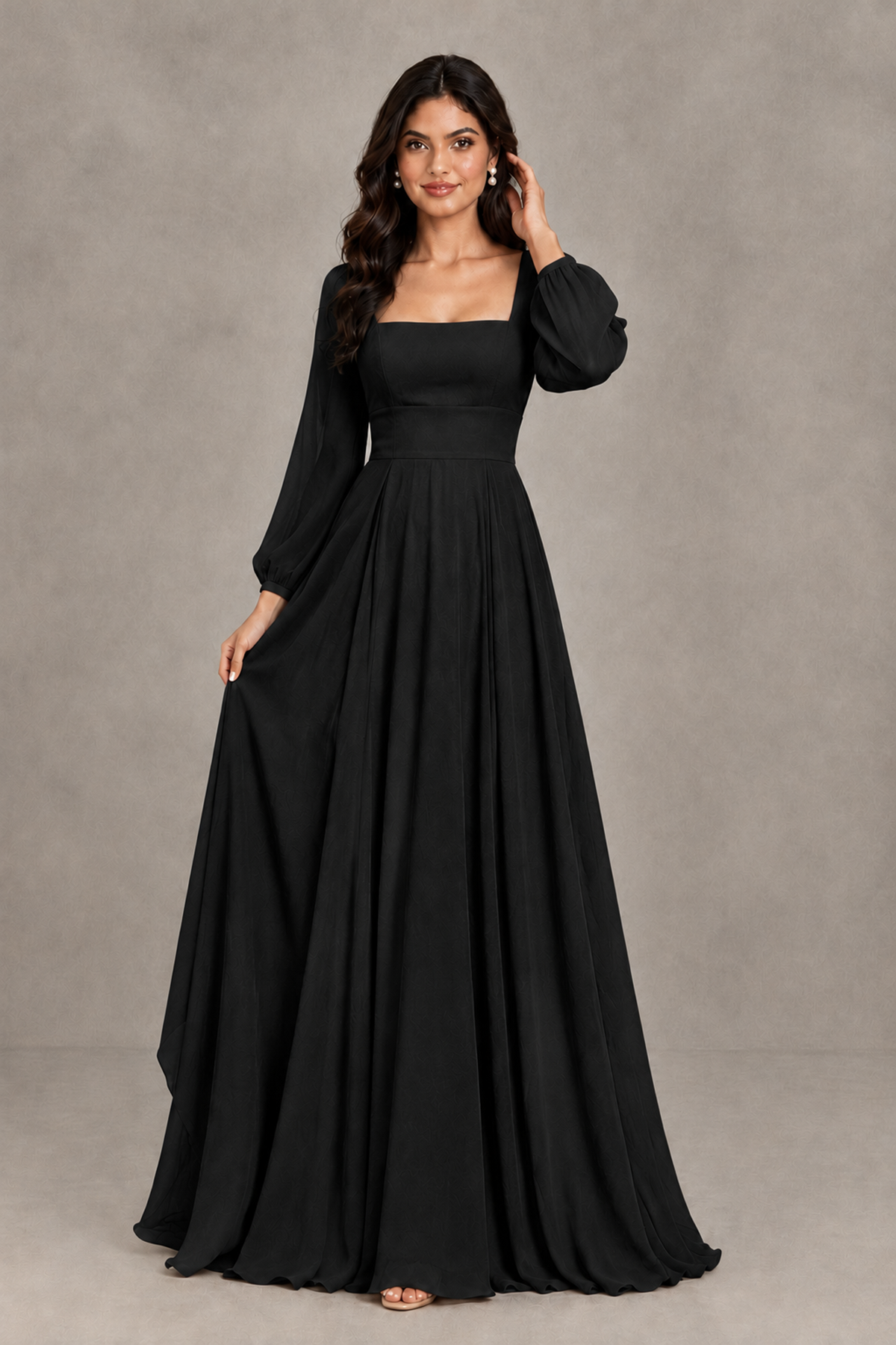 BOLODOO Black Square Neck Long Sleeve A-Line Bridesmaid Dress - Black - Black_3