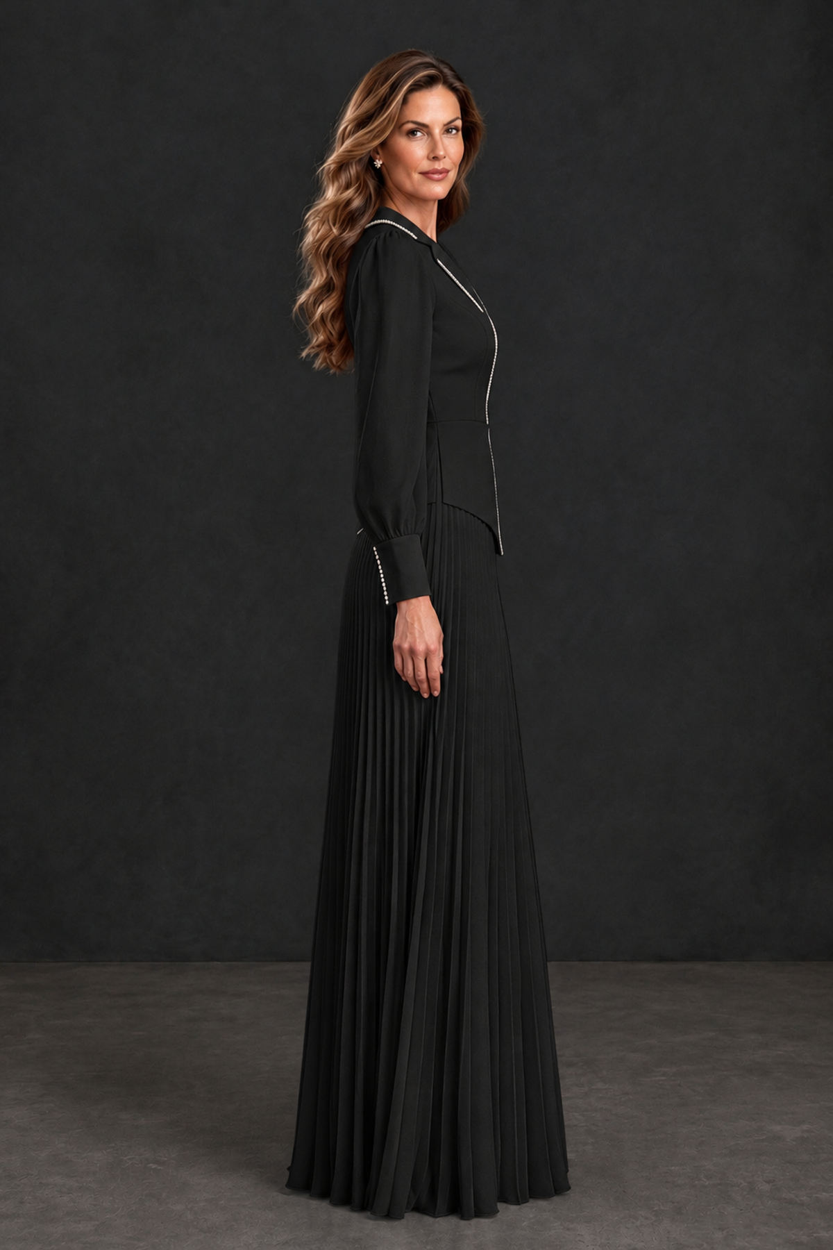 BOLODOO Black Long Sleeve Pleated Mother of the Bride Dress - Black - Black_3