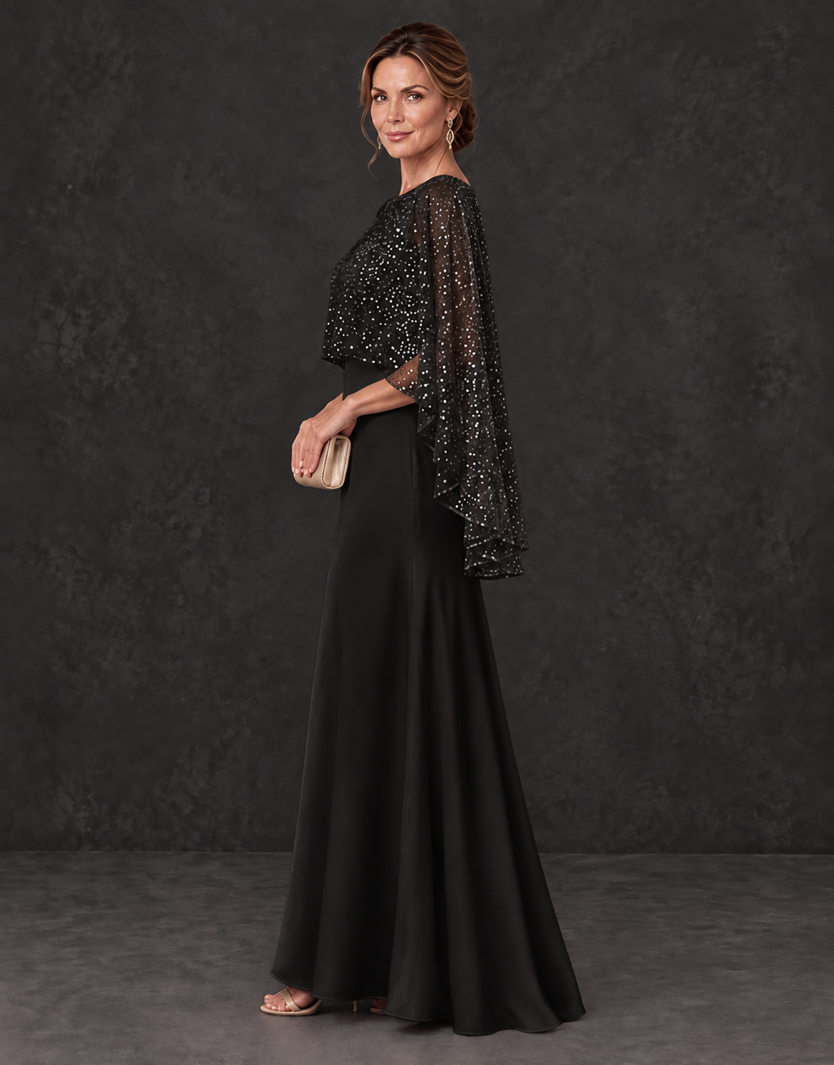 BOLODOO Black Sparkle Cape Sleeve Mother of the Bride Dress - Black - Black_3
