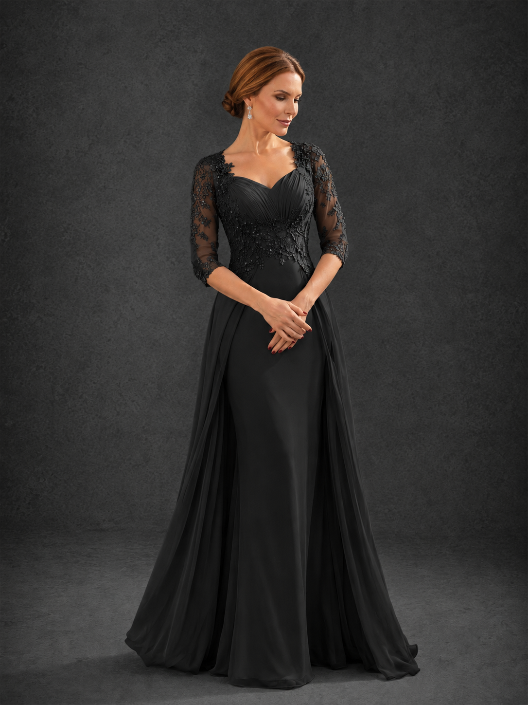 BOLODOO Black Sweetheart Neck 3/4 Sleeve Floral Lace Illusion Bodice Chiffon A-Line Gown - Black