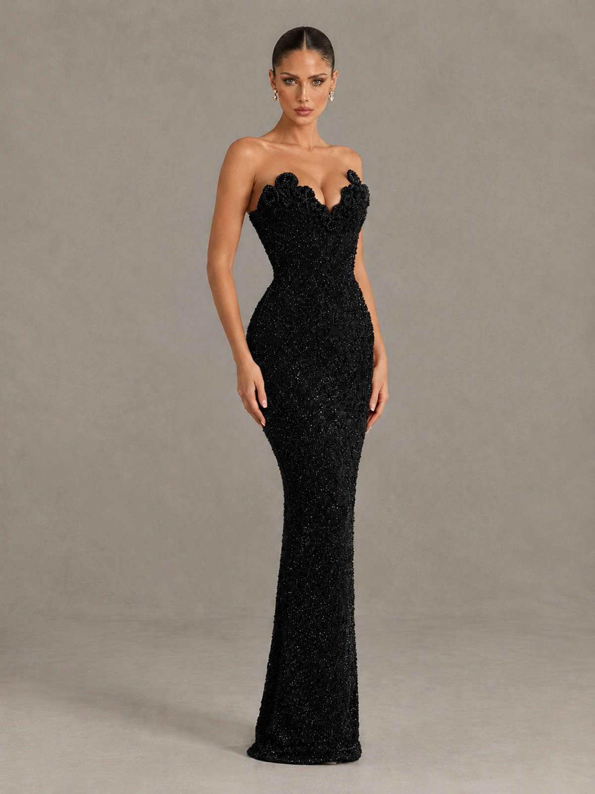 BOLODOO Black Strapless Sequin Evening Gown with Floral Neckline - Black - Black_3