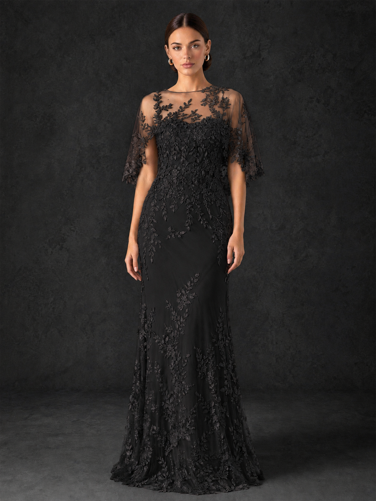 BOLODOO Mocha Black Botanical Lace Flutter Sleeve Mermaid Gown - Black