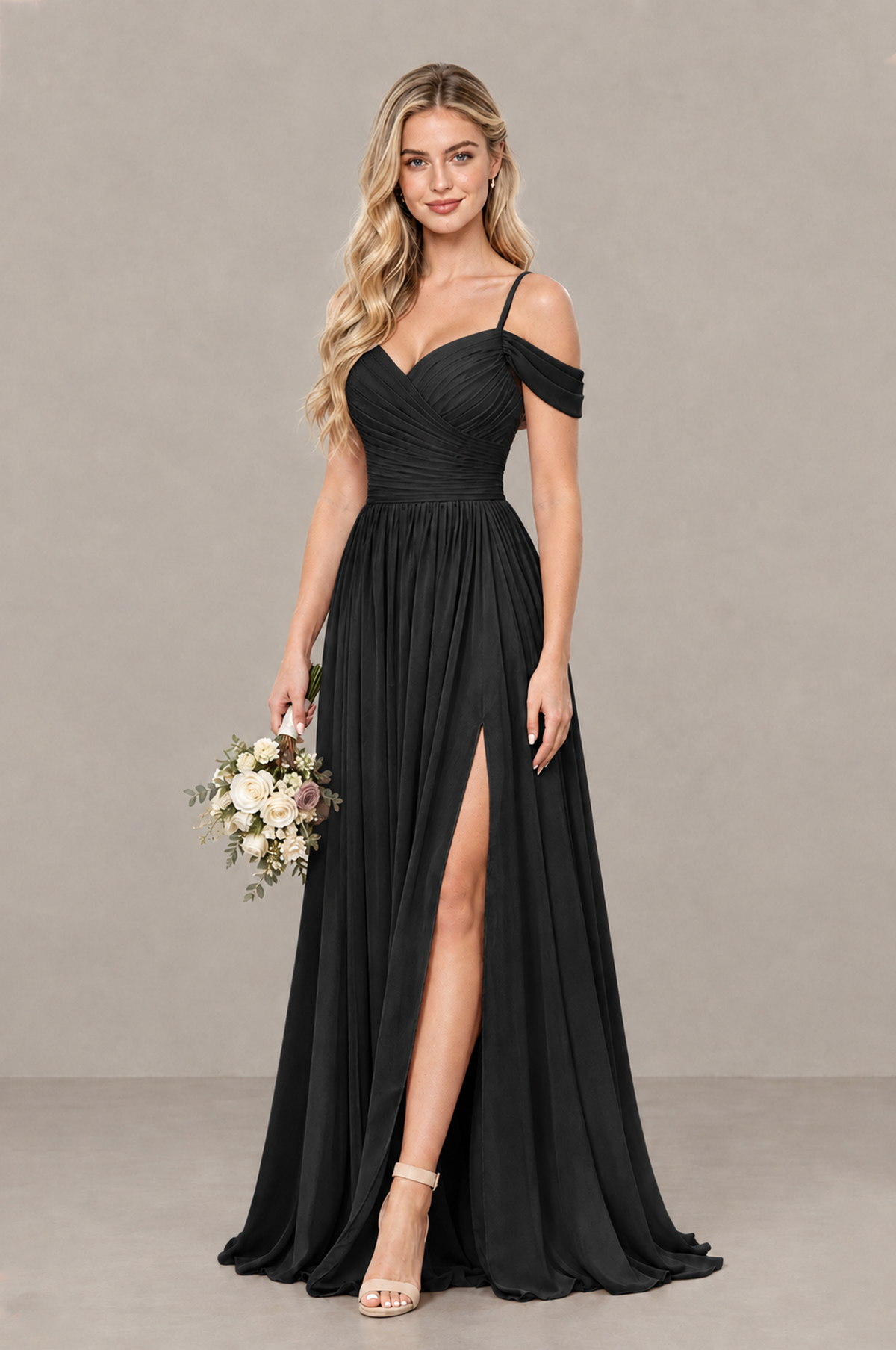 BOLODOO Black Off-Shoulder Bridesmaid Dress with Slit - Black