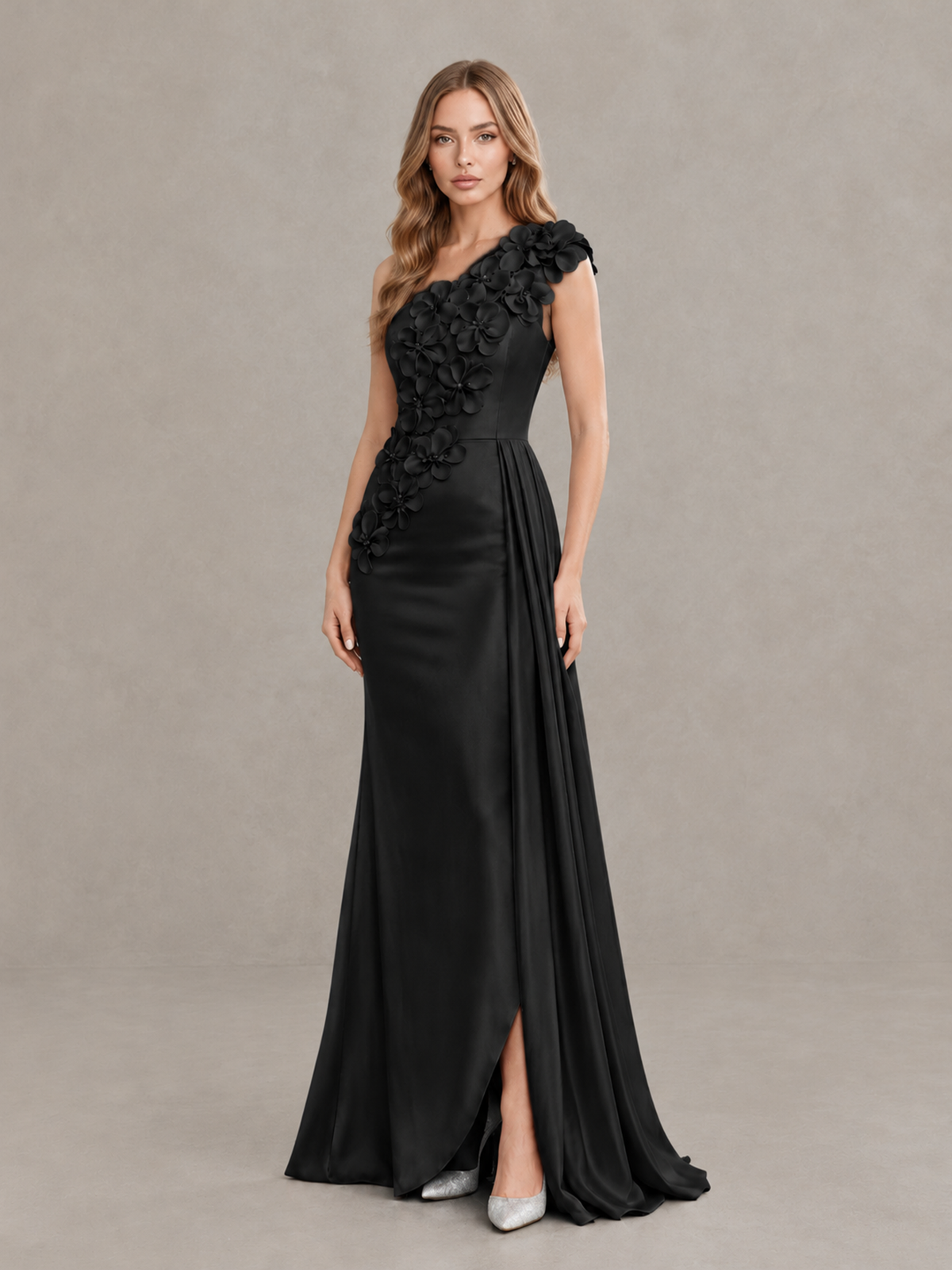 BOLODOO Black One-Shoulder Satin Mermaid Evening Gown with 3D Floral Appliqué - Black - Black_3