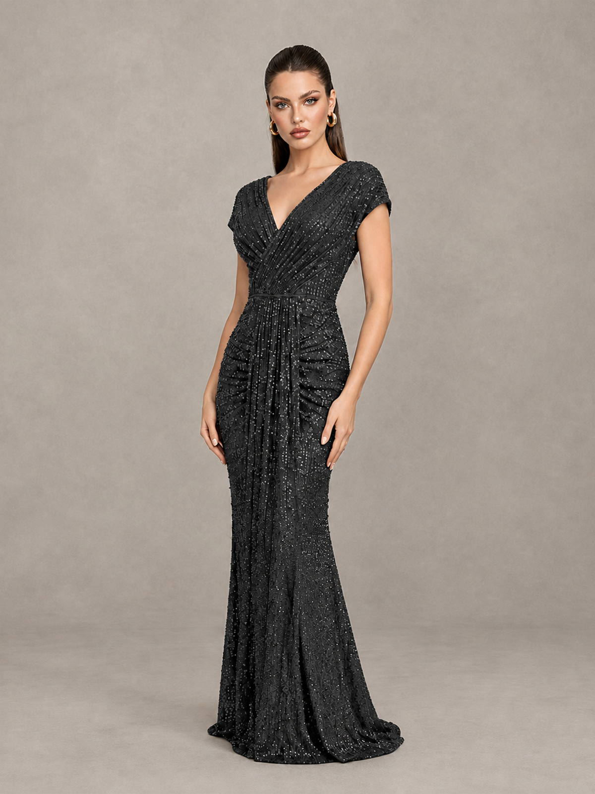 BOLODOO Black Glitter V-Neck Cap Sleeve Ruched Mermaid Evening Gown - Black - Black_3