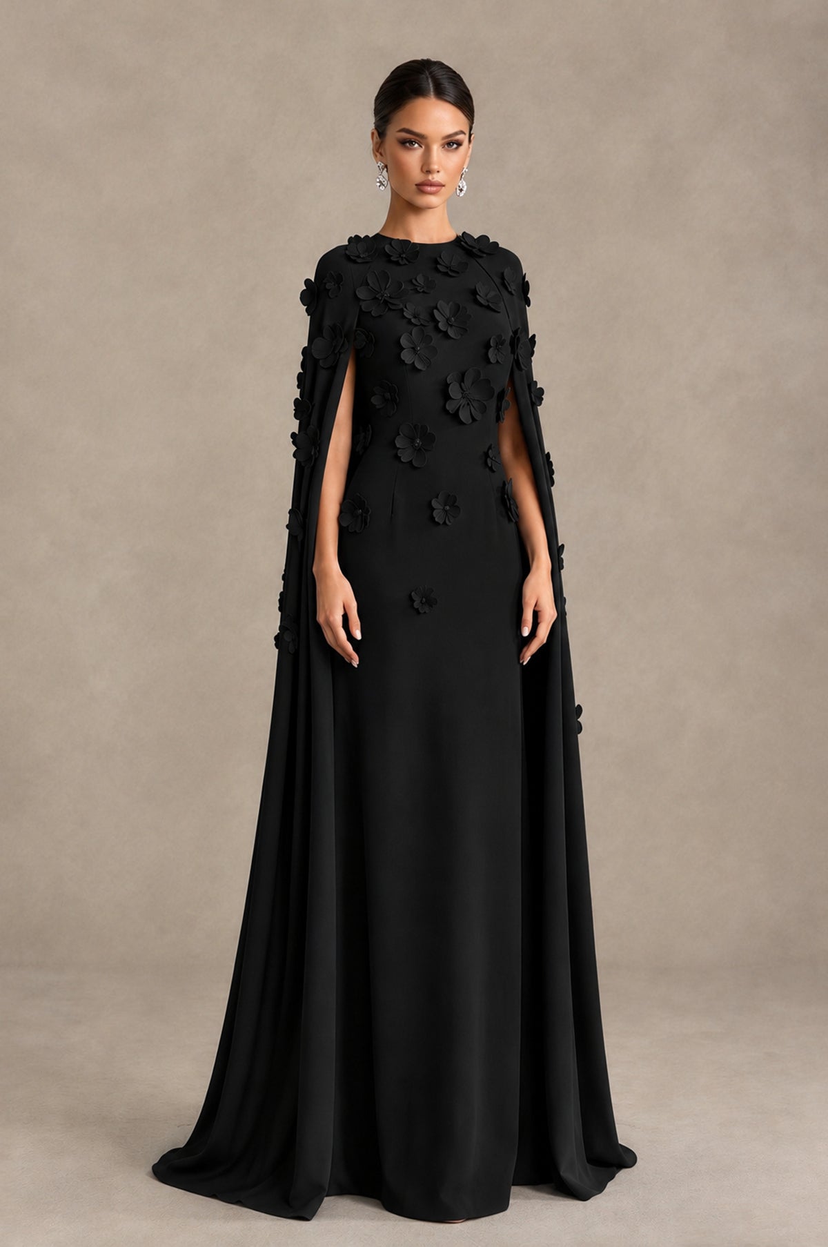 BOLODOO Black 3D Floral Applique Cape Formal Dress - Black - Black_3