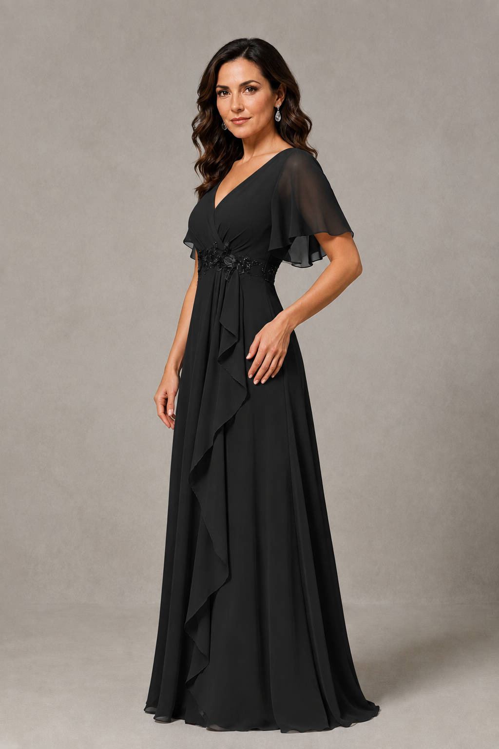 BOLODOO Black Chiffon V-Neck Flutter Sleeve Floral Applique Cascade Ruffle Lace-Up Back A-Line Maxi Evening Dress - Black