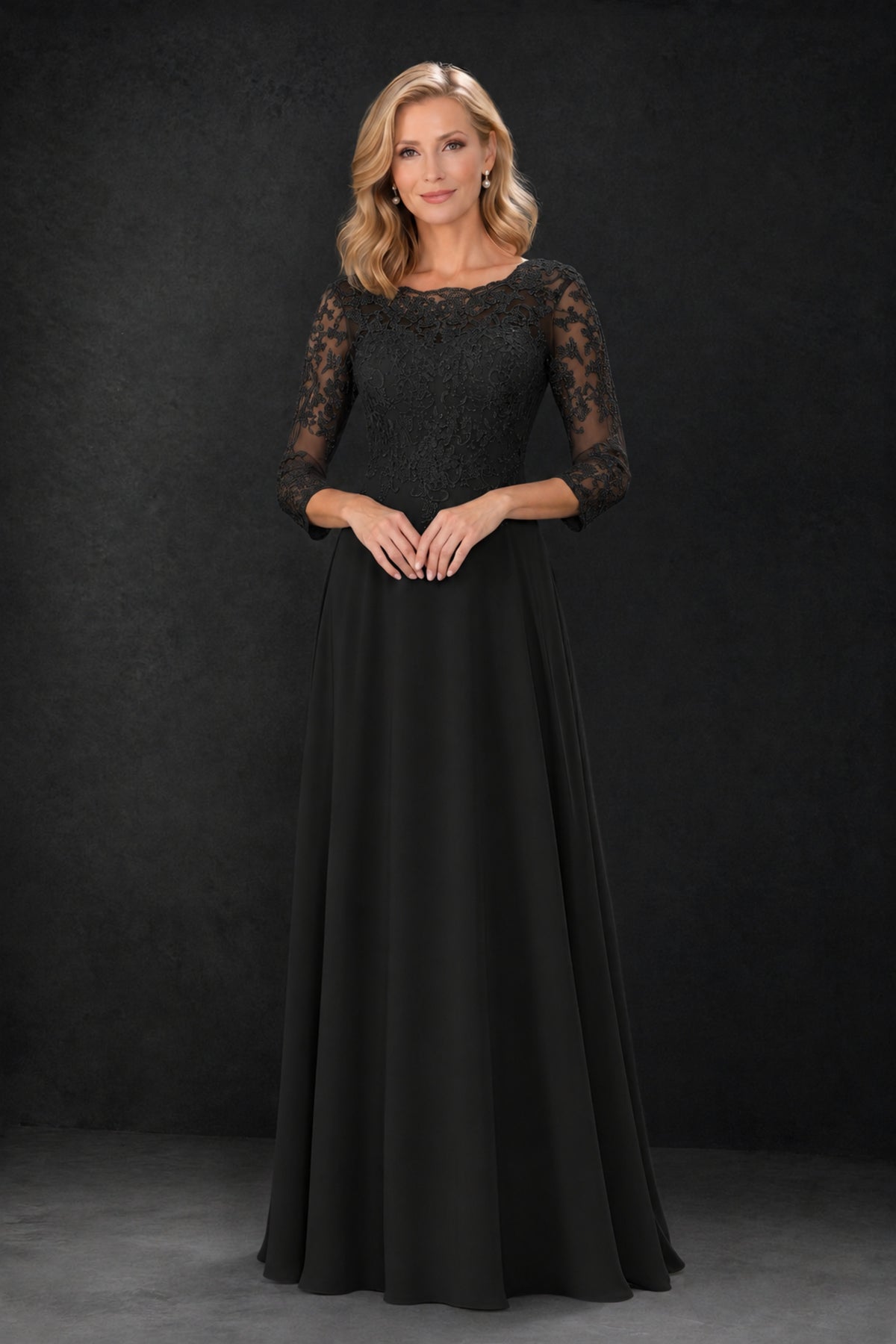 BOLODOO Black Lace Embroidered Mother of the Bride Dress with 3/4 Sleeves - Black