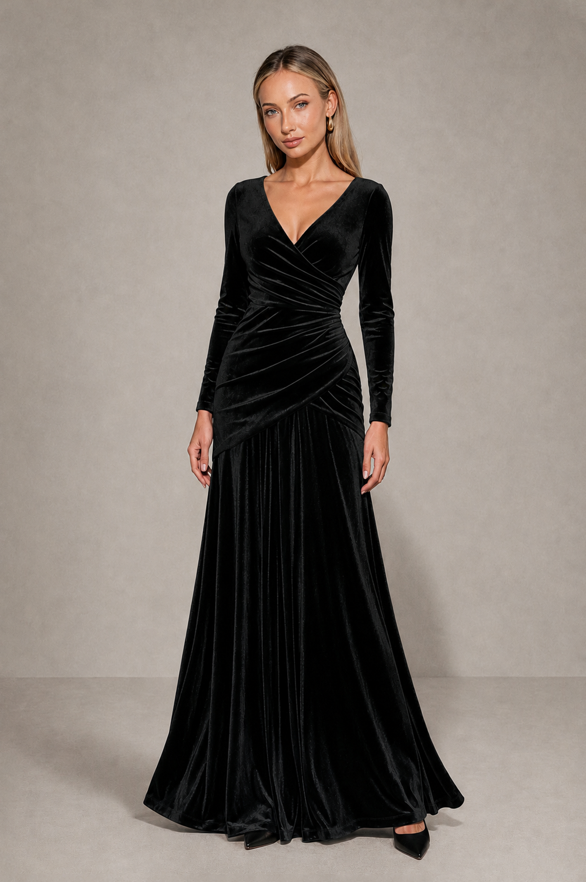 BOLODOO Black Velvet Long Sleeve V-Neck Ruched Evening Dress - Black - Black_3