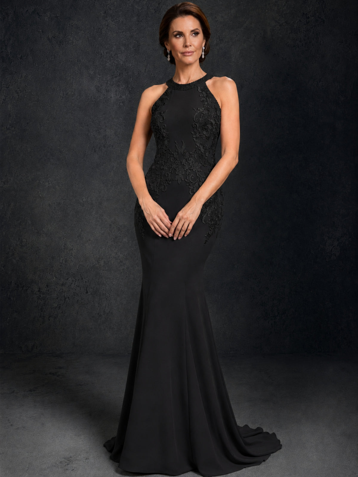BOLODOO Black Lace Applique Halter Neck Sheer Back Mermaid Maxi Dress with Sweep Train - Black