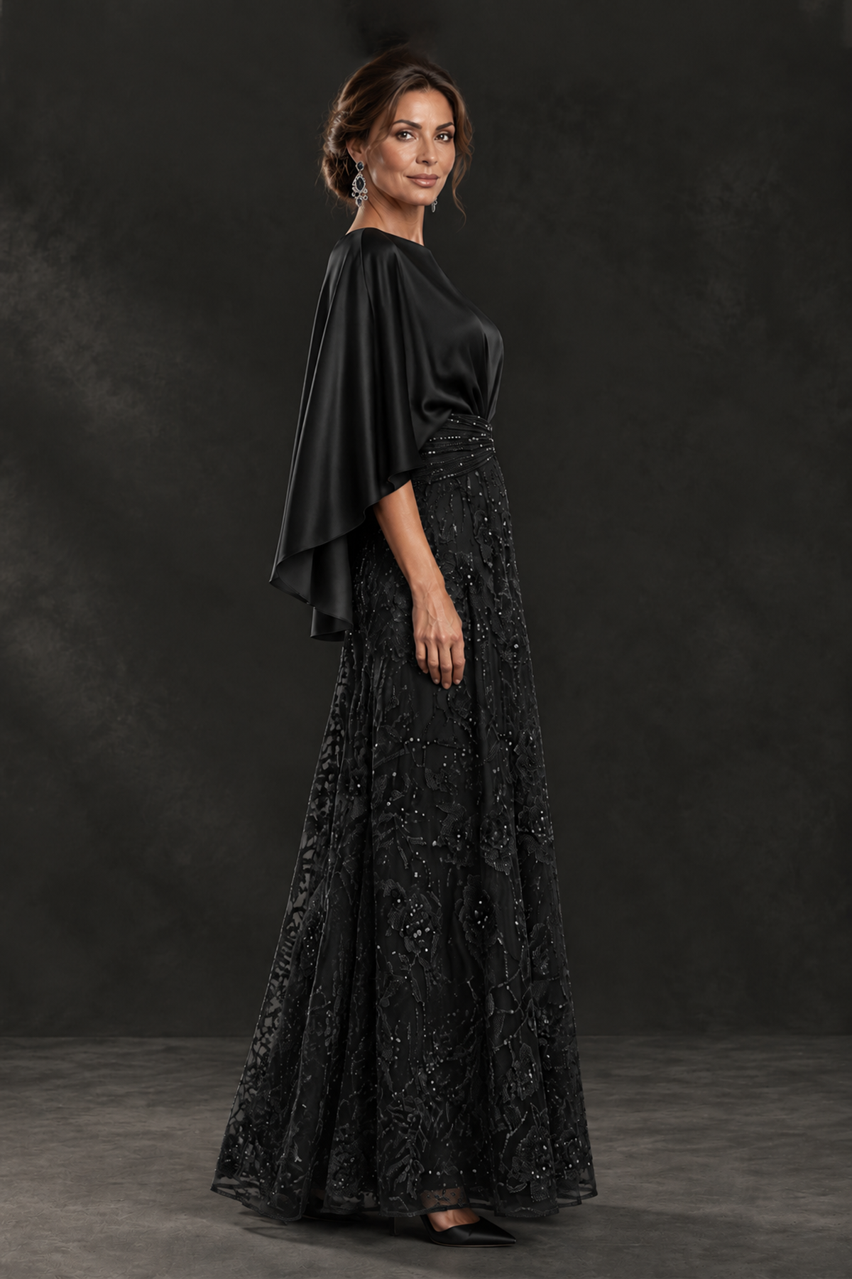 BOLODOO Black Cape Sleeve Floral Mother of the Bride Dress - Black - Black_3