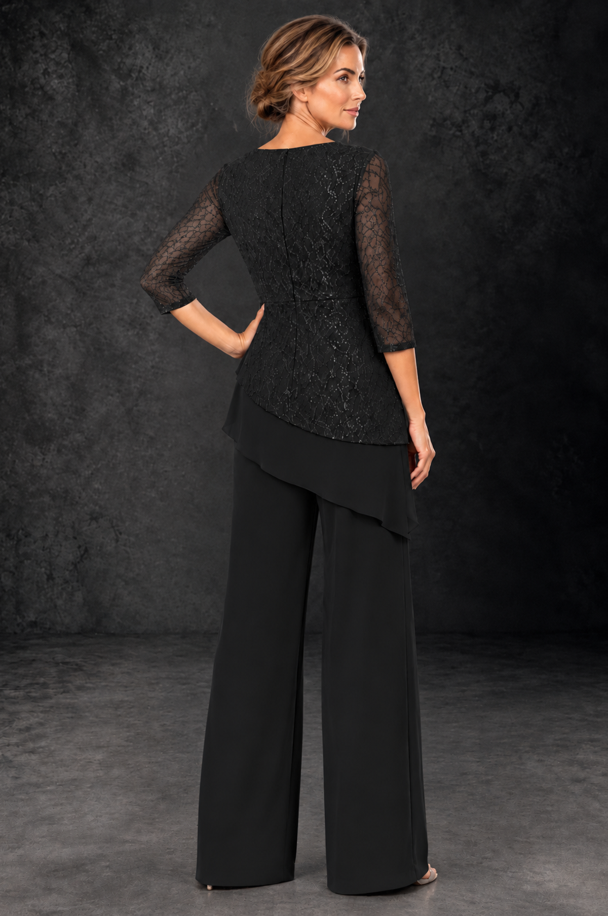 BOLODOO Black Sequin Lace 3/4 Sleeve Chiffon Mother of the Bride Pant Suit - Black - Black_3