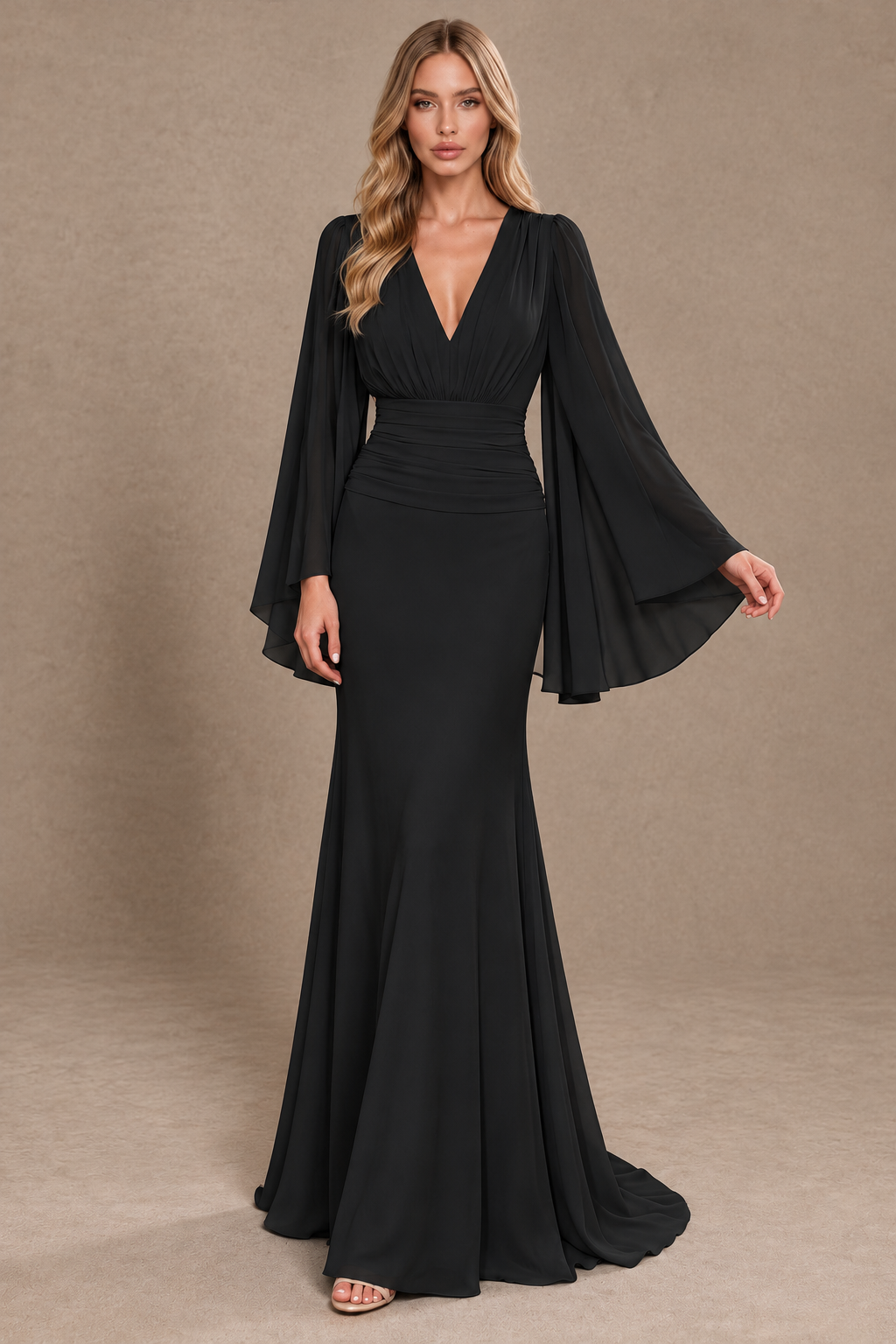 BOLODOO Black Cape Sleeve V-Neck Ruched Chiffon Evening Dress - Black - Black_3