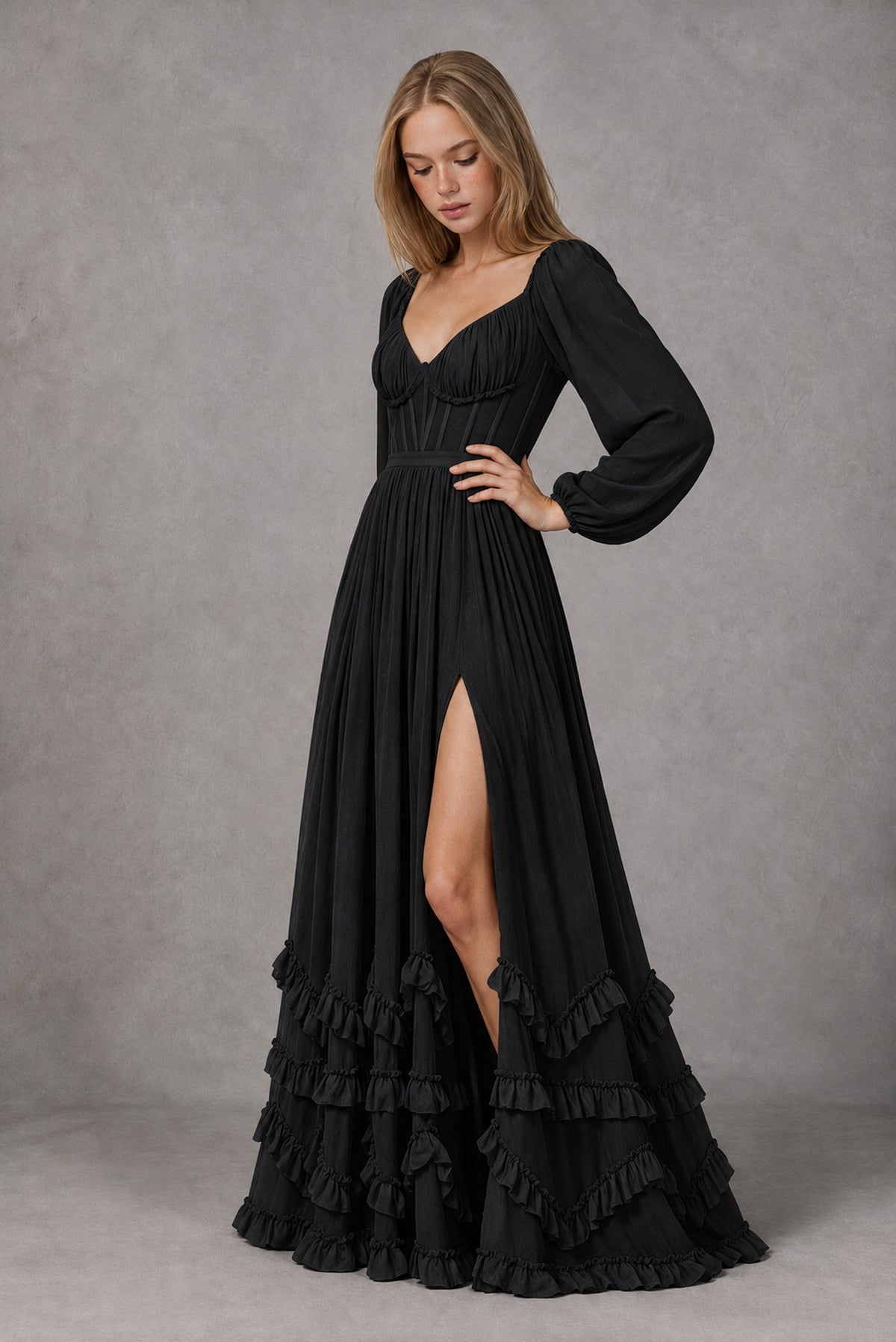 Black Long-Sleeve Ruffle Maxi Dress with Lace-Up Back and Slit - Black