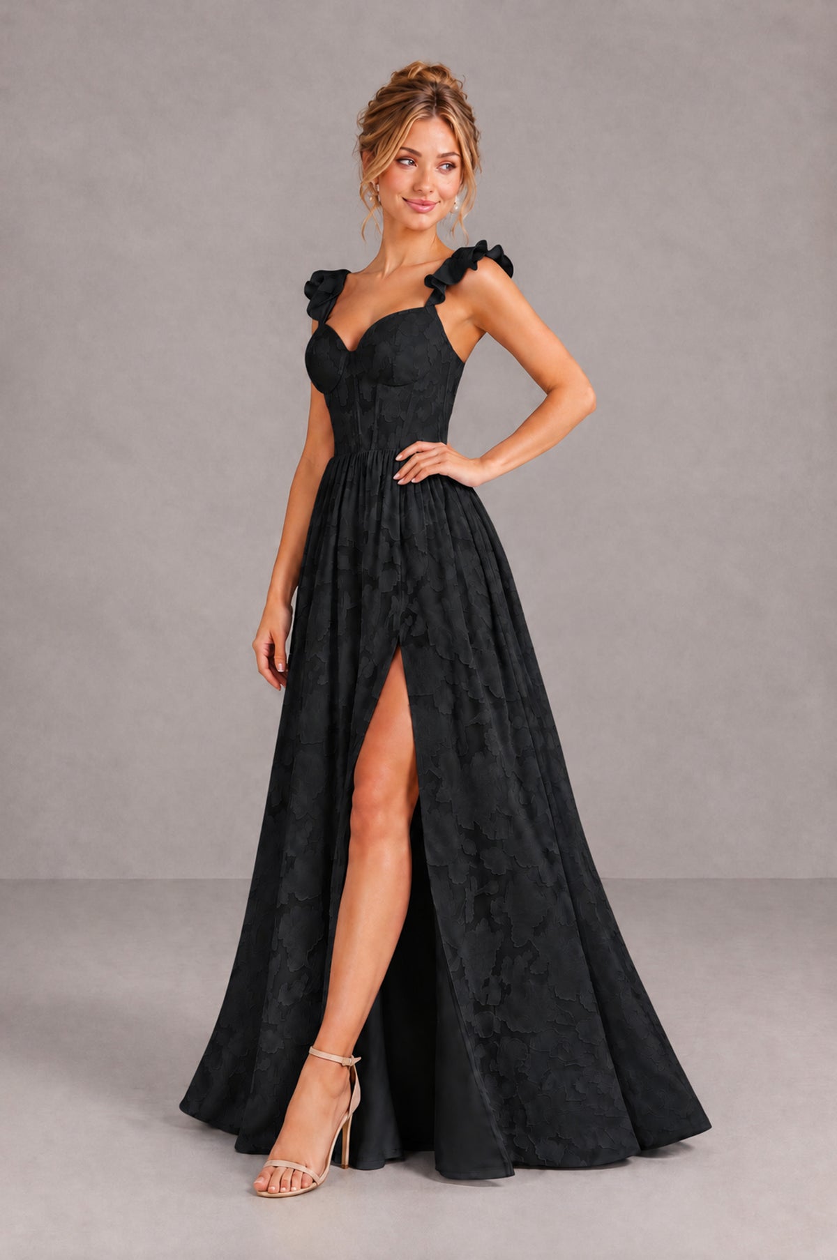 BOLODOO Black Floral A-Line Bridesmaid Dress with Slit Ruffle Straps Maxi Gown - Black - Black_3