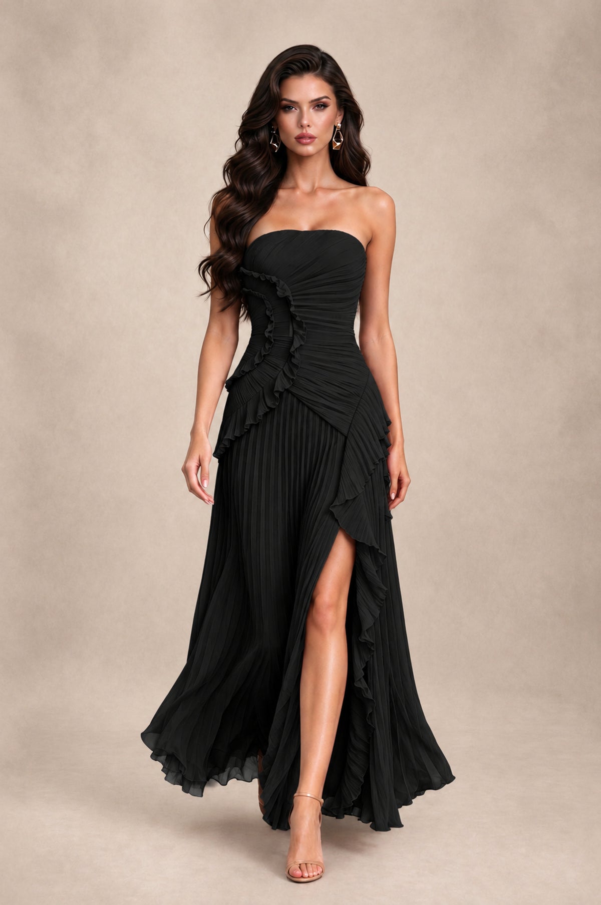 BOLODOO Black Strapless Ruffle Pleated Slit Evening Gown - Black - Black_3