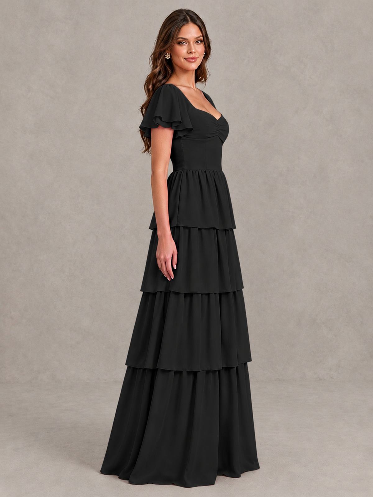 BOLODOO Black Flutter Sleeve Tiered Maxi Bridesmaid Dress - Black - Black_3