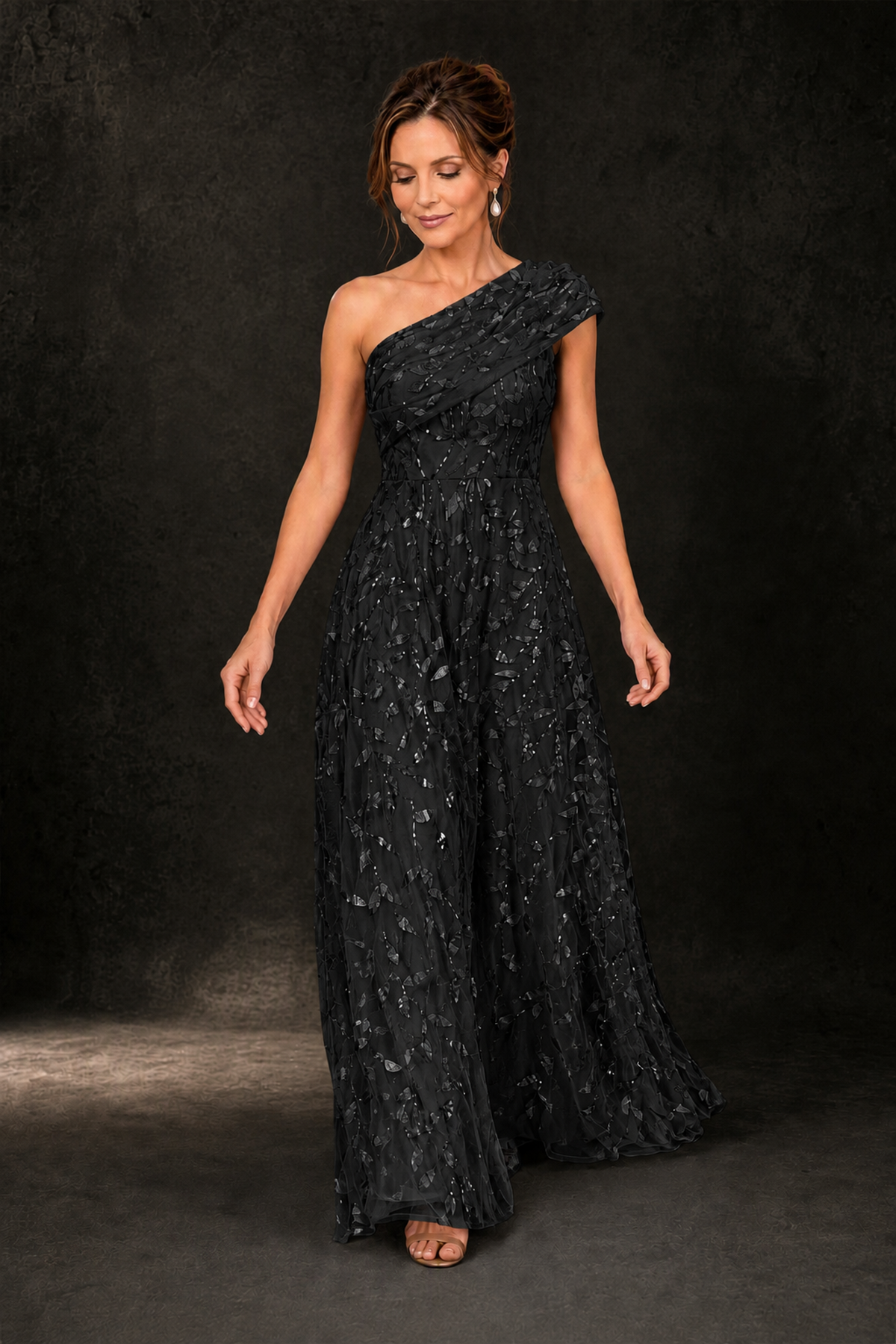 BOLODOO Black Leaf Sequin One-Shoulder A-Line Maxi Gown – Mother of the Bride & Formal Evening Dress - Black - Black_3