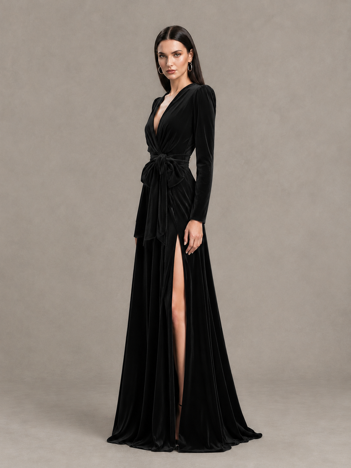 BOLODOO Black Long Sleeve Velvet-Look Evening Dress with High Slit - Black - Black_3