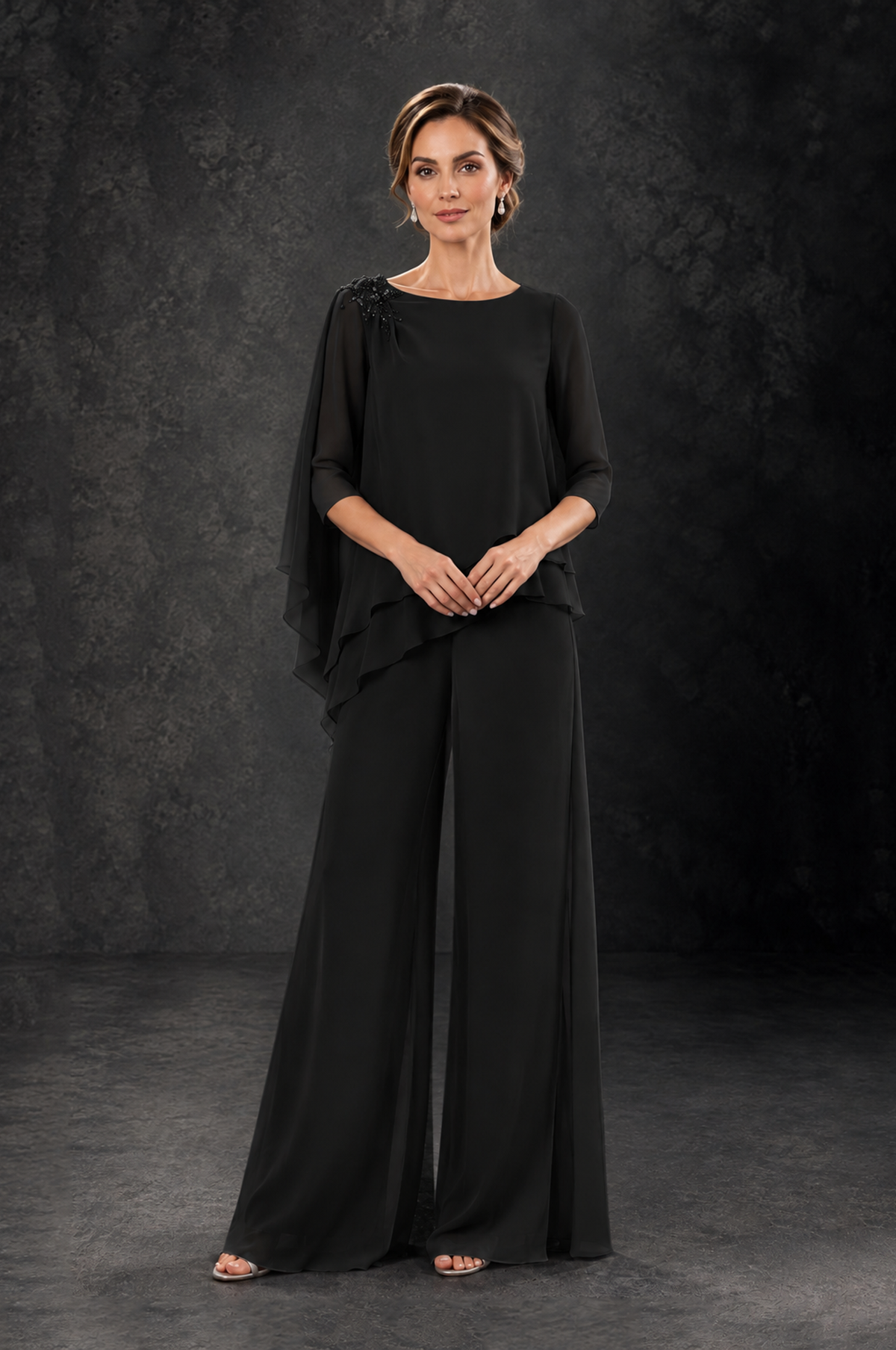 BOLODOO Black Layered Wide-Leg Mother of the Bride Pant Suit - Black - Black_3