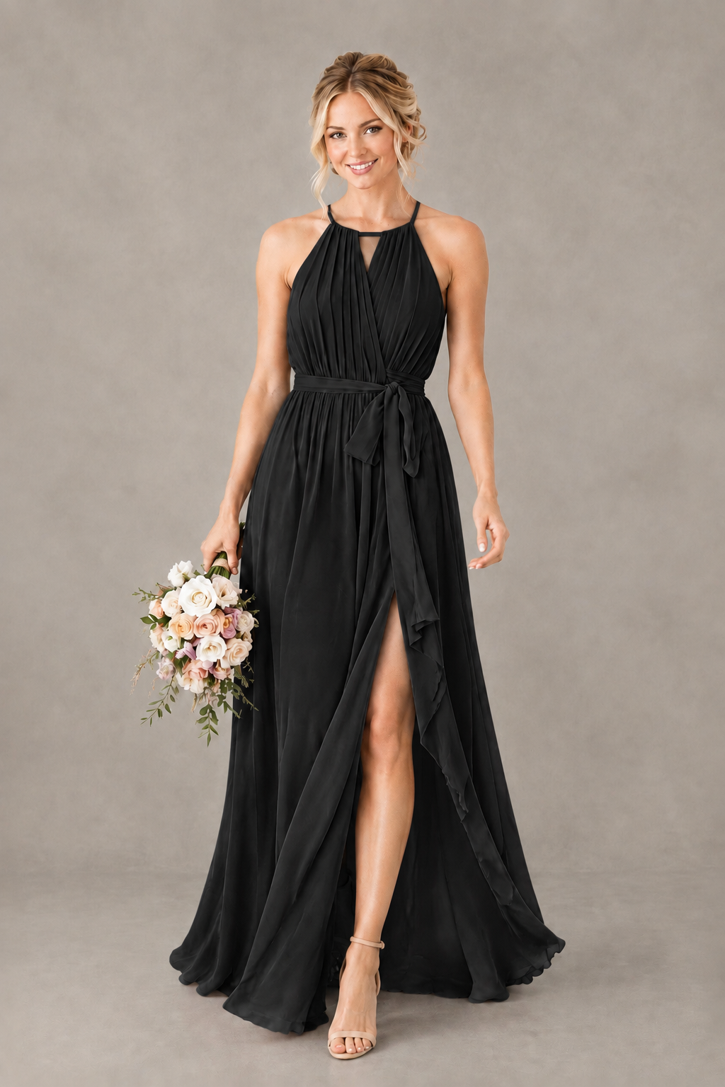 BOLODOO Black Halter Chiffon Bridesmaid Dress with High Slit - Black
