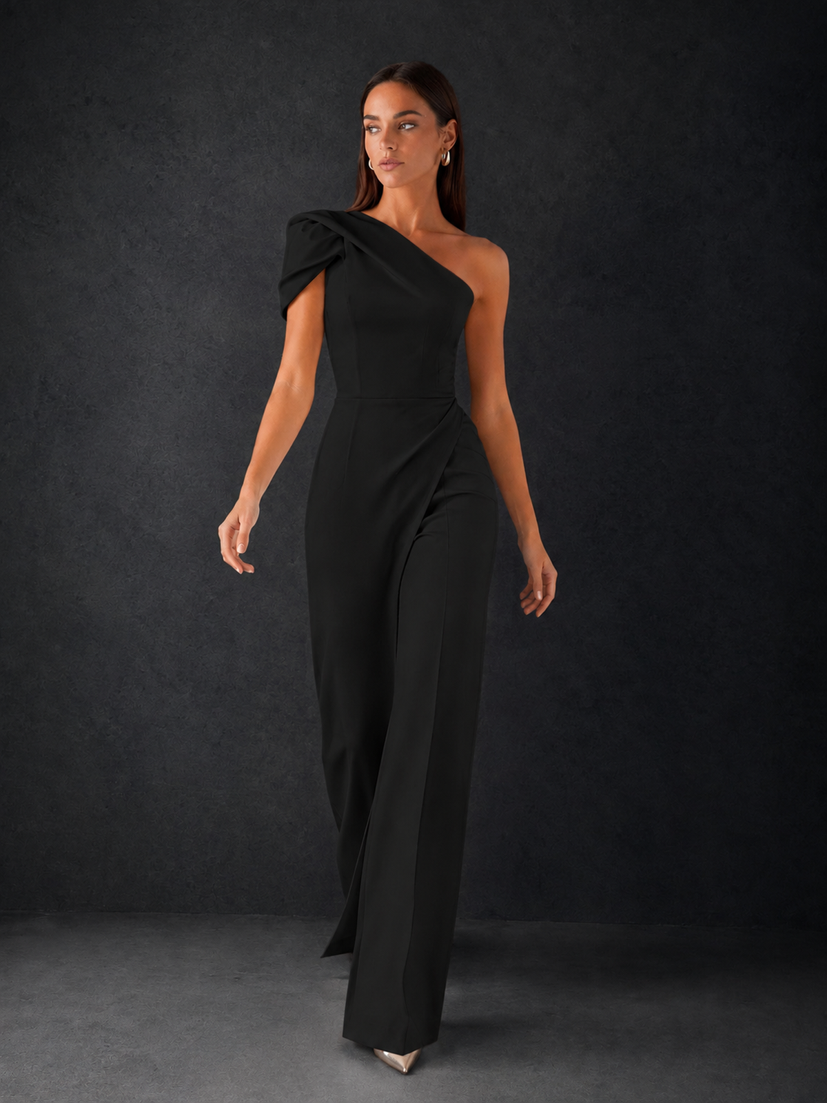 BOLODOO Black One-Shoulder Puff Sleeve Wide-Leg Jumpsuit with Front Slit and Open Back - Black