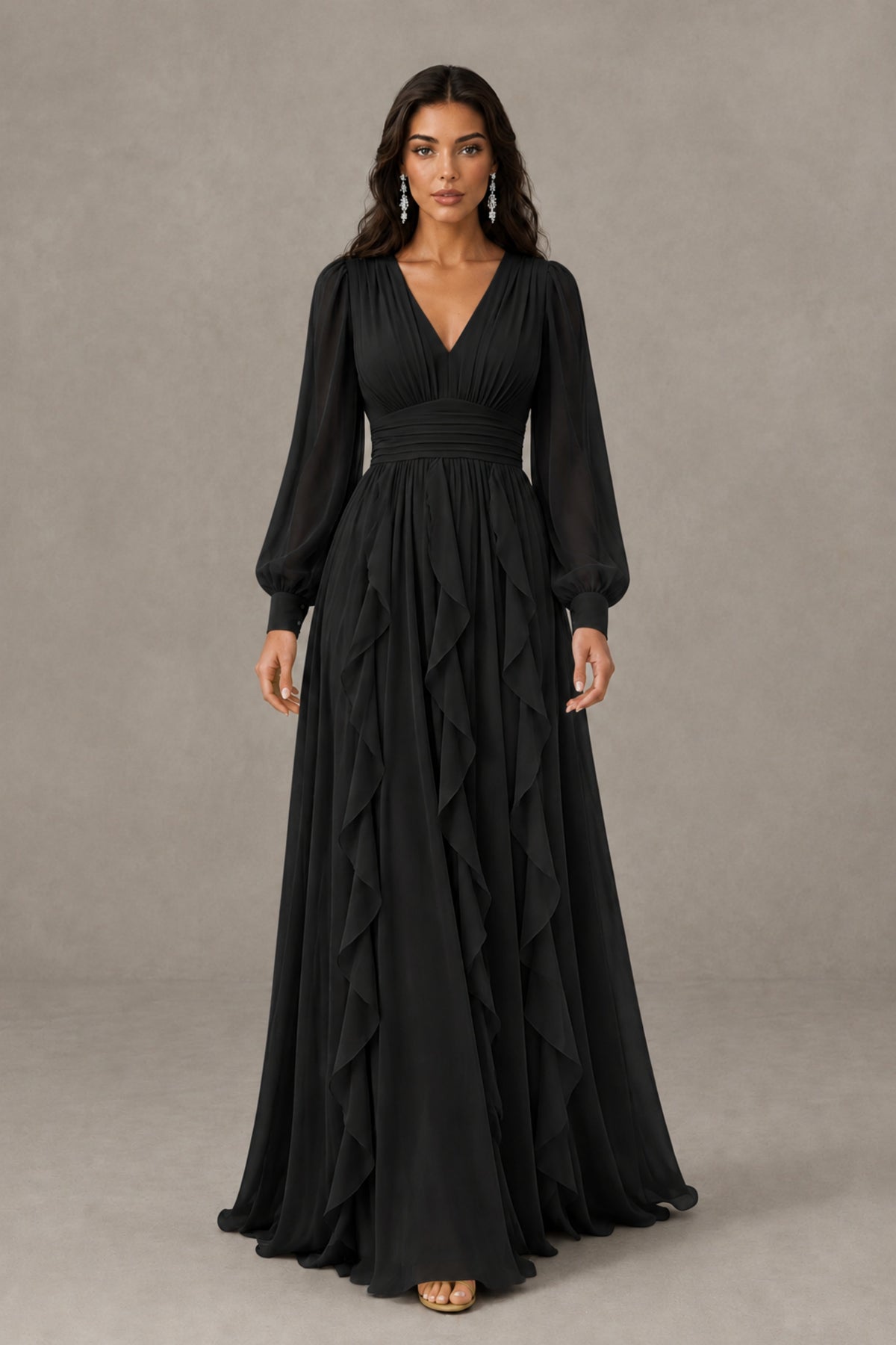 BOLODOO Black Long Sleeve V-Neck Ruffle Maxi Dress - Black