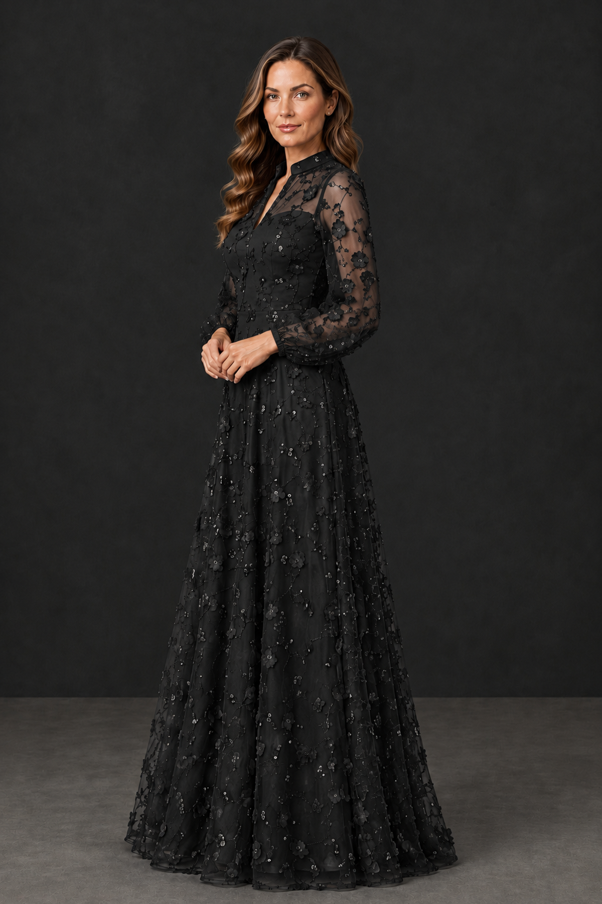 BOLODOO Black Long Sleeve Floral Mother of the Bride Dress - Black - Black_3
