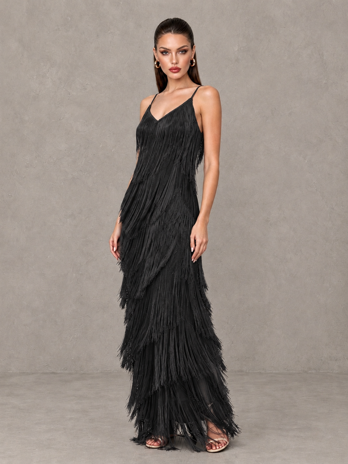 BOLODOO Black V-Neck Spaghetti Strap Fringe Maxi Evening Dress - Black - Black_3