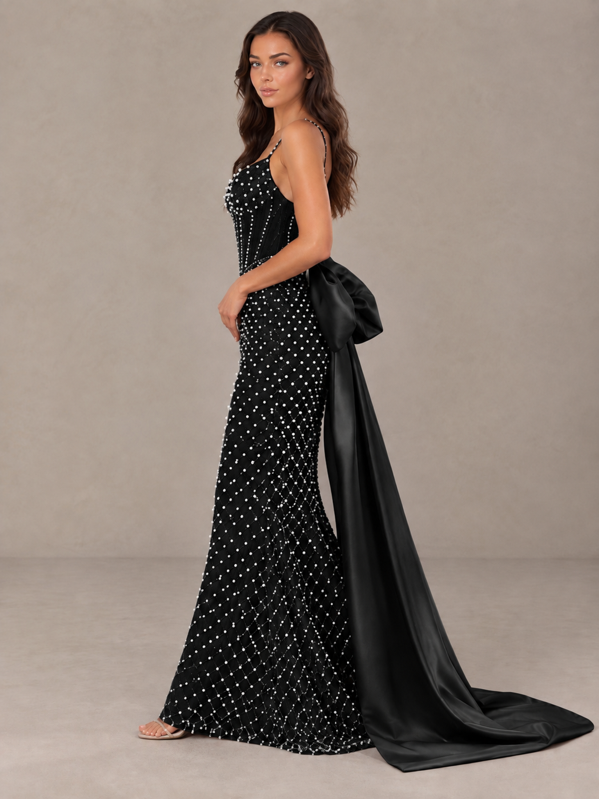 BOLODOO Black Beaded Corset Prom Dress with Bow Train - Black - Black_3
