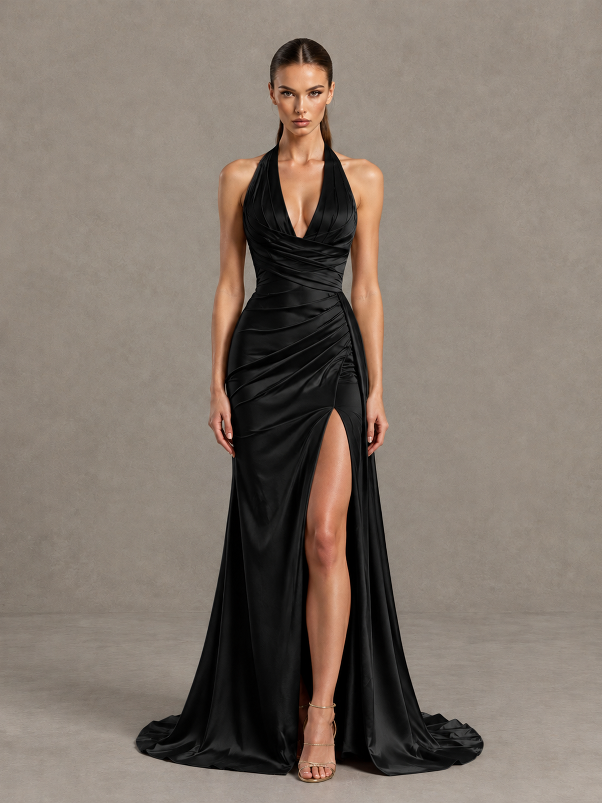 BOLODOO Black Halter Satin Evening & Prom Dress with High Slit - Black - Black_3