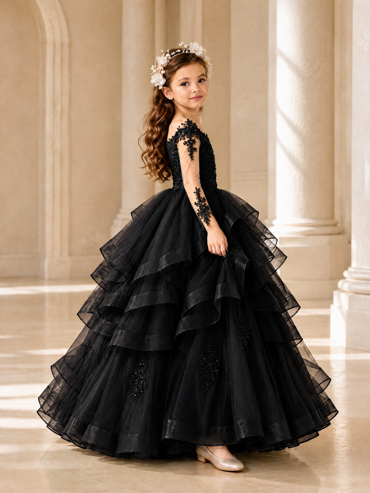 BOLODOO Black Lace Long Sleeve Tiered Flower Girl Dress - Black - Black_3