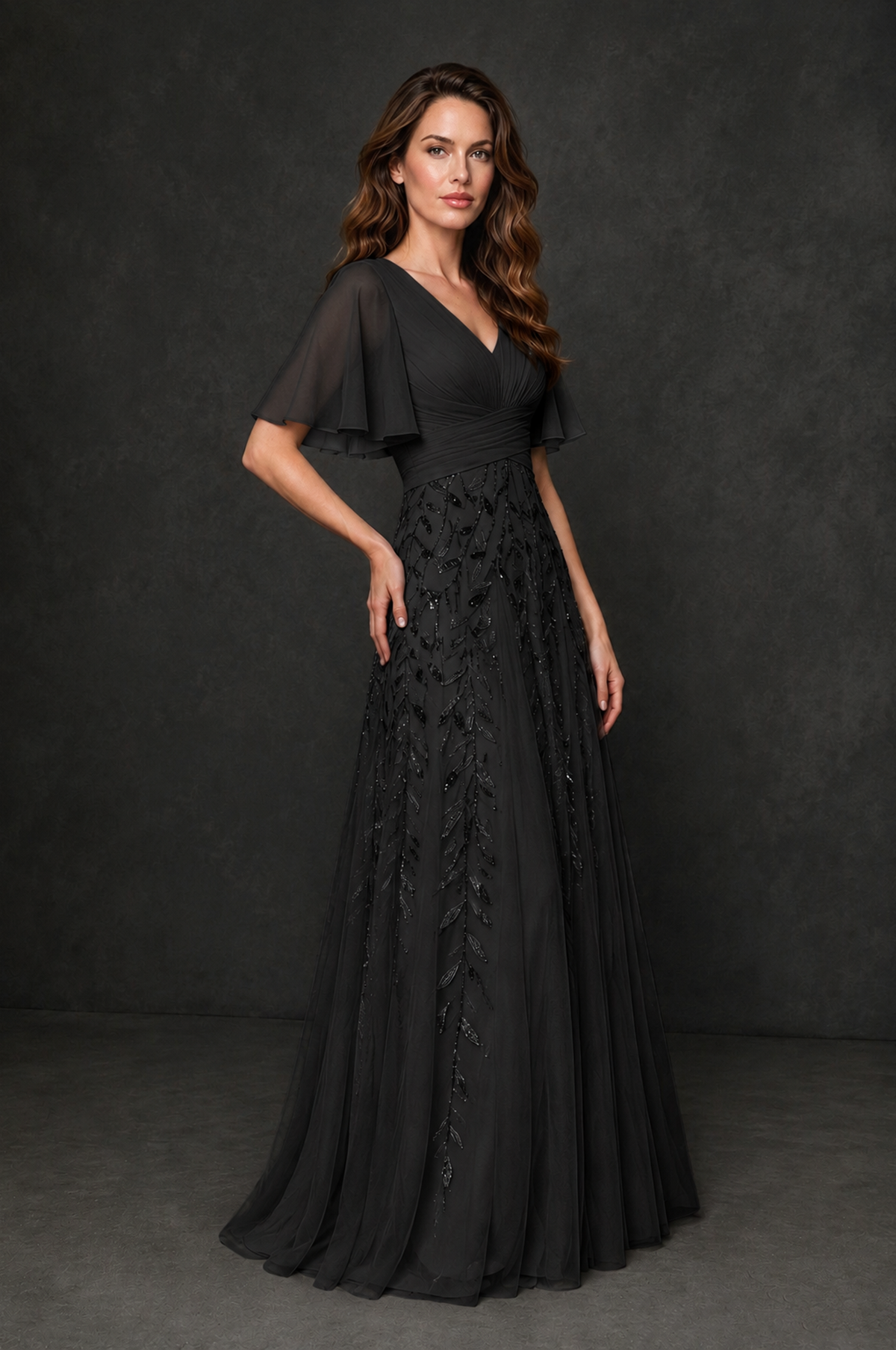 BOLODOO Black V-Neck Flutter Sleeve Beaded Botanical Tulle A-Line Gown | Mother of the Bride Evening Dress - Black - Black_3