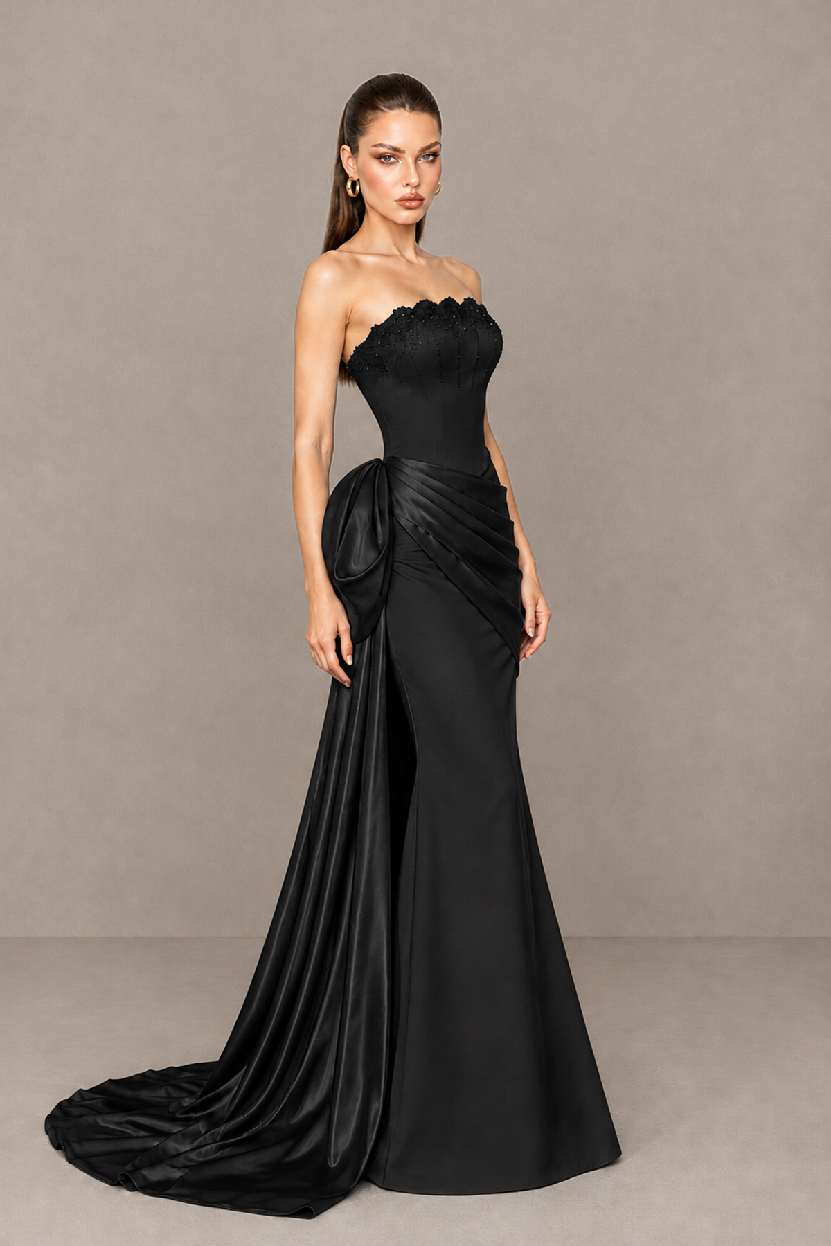 BOLODOO Black Strapless Satin Prom Dress with Draped Side Train - Black - Black_3