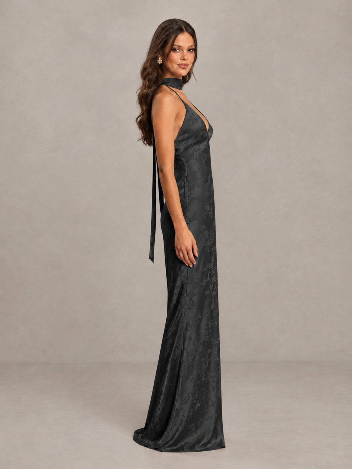 BOLODOO Black Floral Satin Open-Back Bridesmaid Dress - Black - Black_3