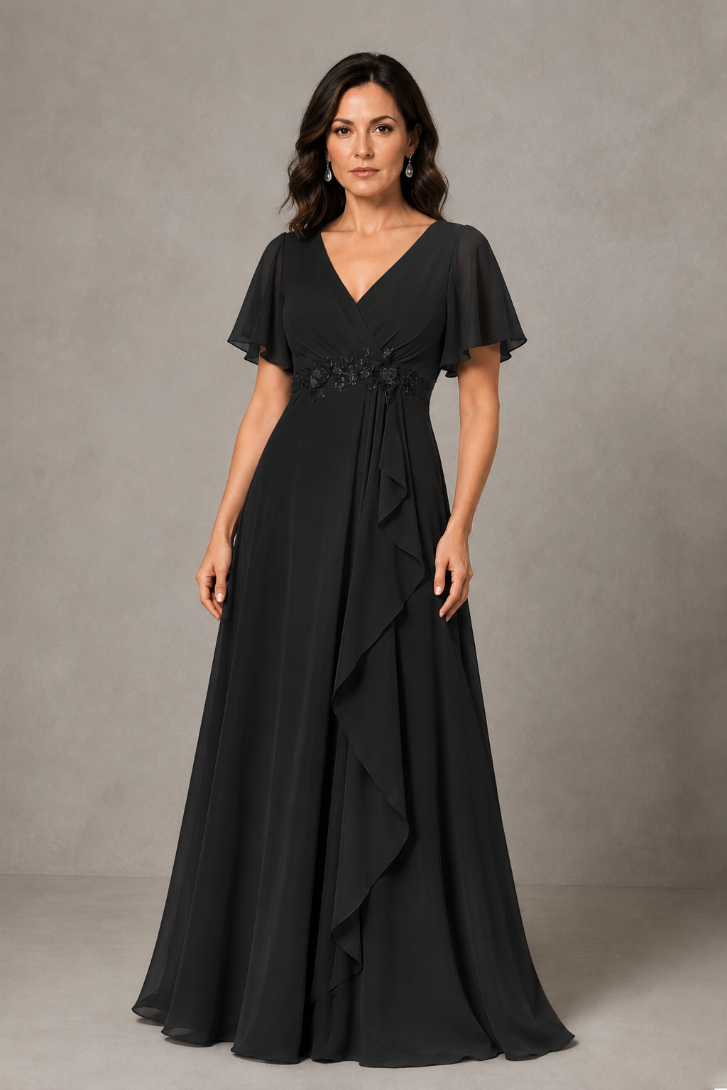 BOLODOO Black Chiffon V-Neck Flutter Sleeve Floral Applique Cascade Ruffle Lace-Up Back A-Line Maxi Evening Dress - Black