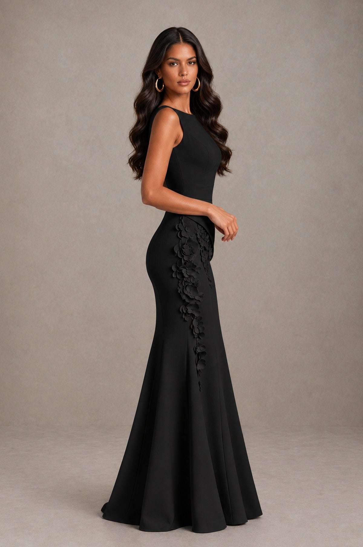 BOLODOO Black Bateau Neck Sleeveless Asymmetric Peplum 3D Petal Appliqué Mermaid Gown BD0421 - Black - Black_4