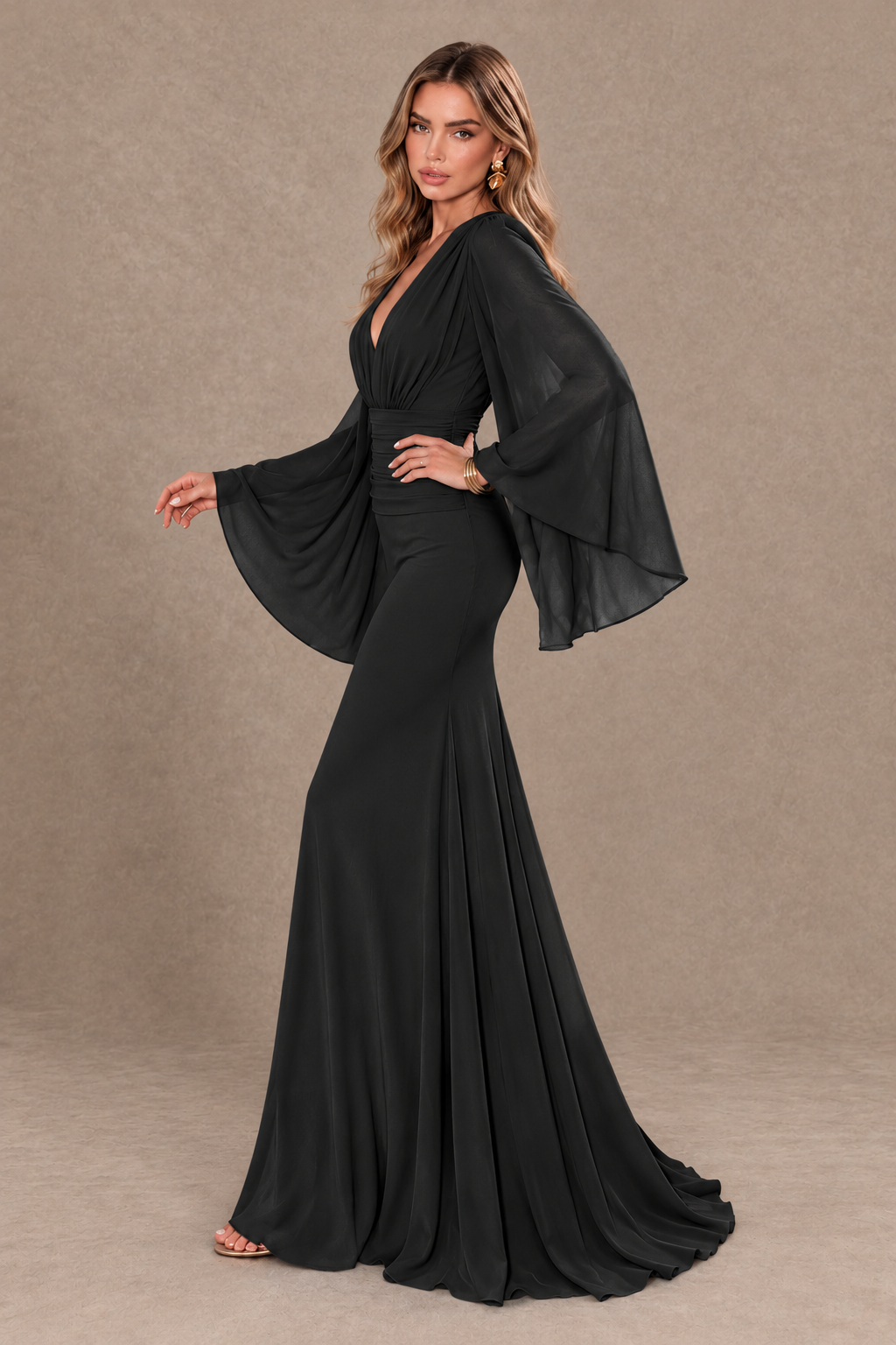 BOLODOO Black Cape Sleeve V-Neck Ruched Chiffon Evening Dress - Black - Black_4